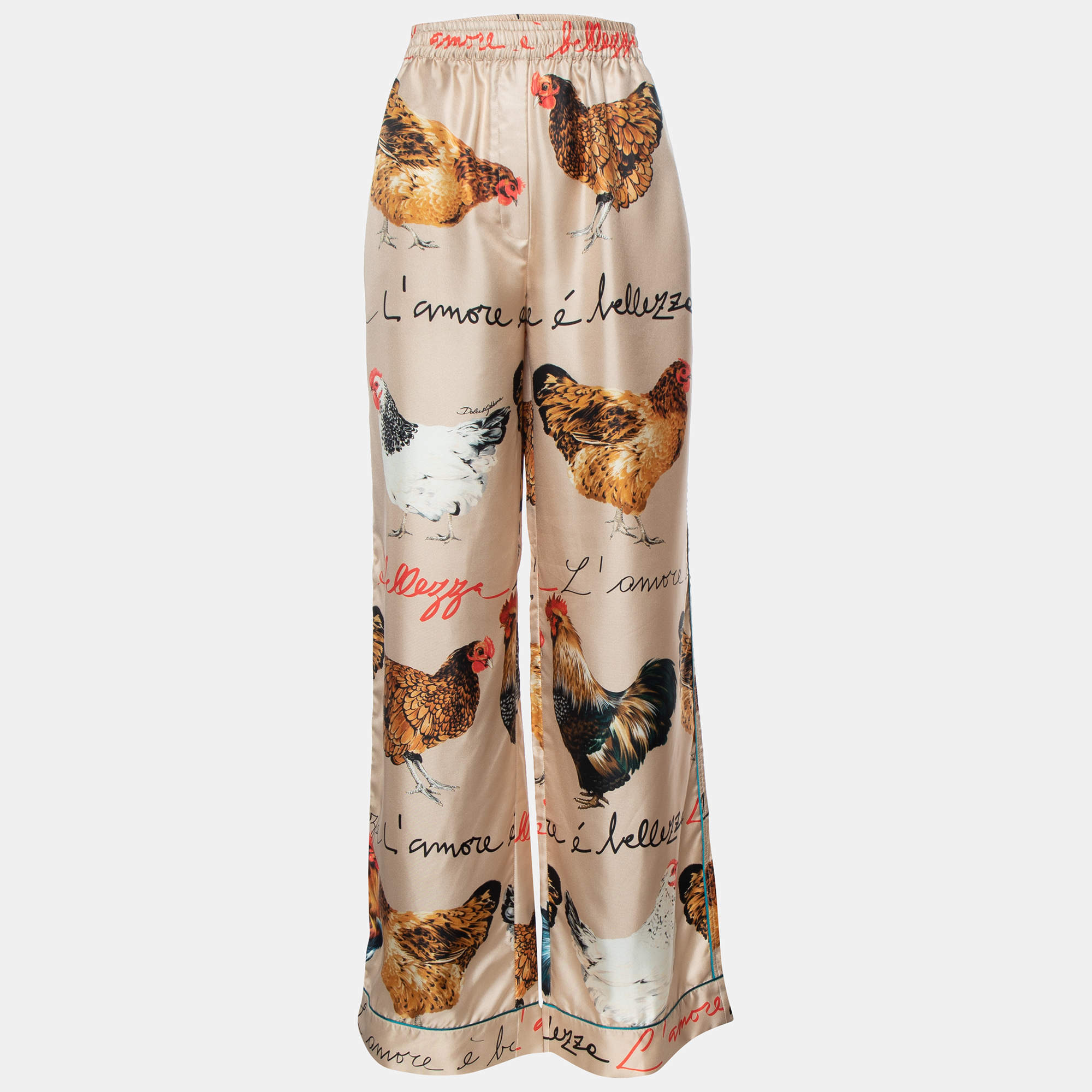 مملوكة مسبقًا Dolce & Gabbana Beige Hen Printed Silk Pajama Trousers S