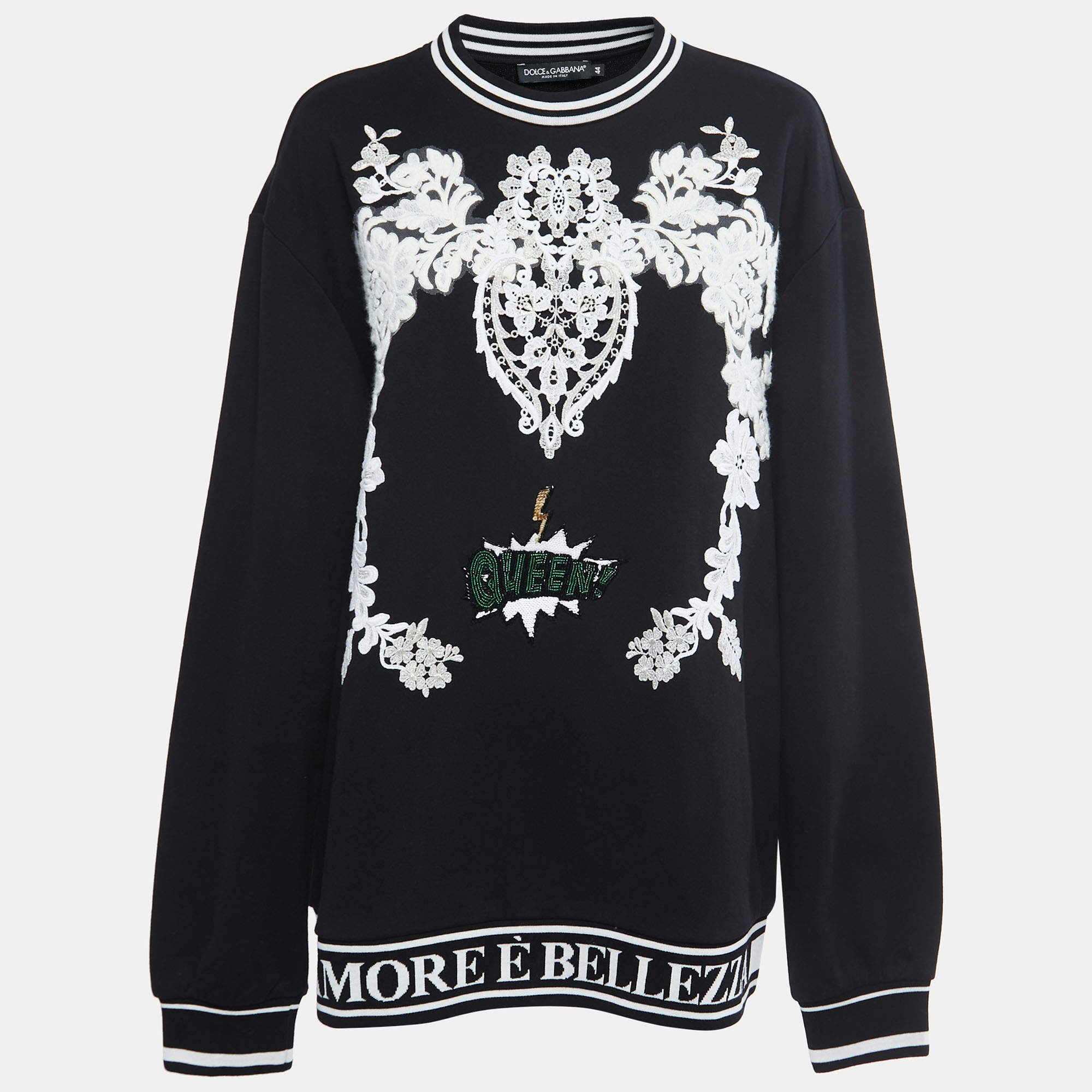 Pre Owned Dolce & Gabbana Black Floral Lace Appliquè Long Sleeve Jumper M