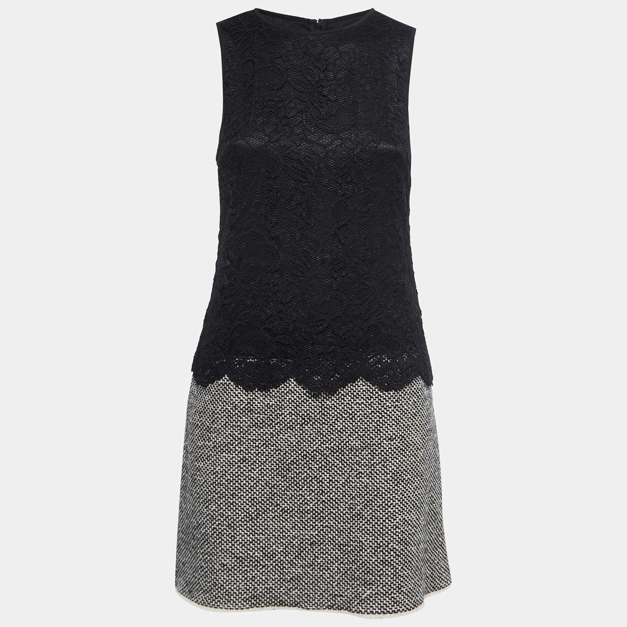 Pre Owned Dolce & Gabbana Black Tweed & Lace Overlay Sleeveless Shift Dress S