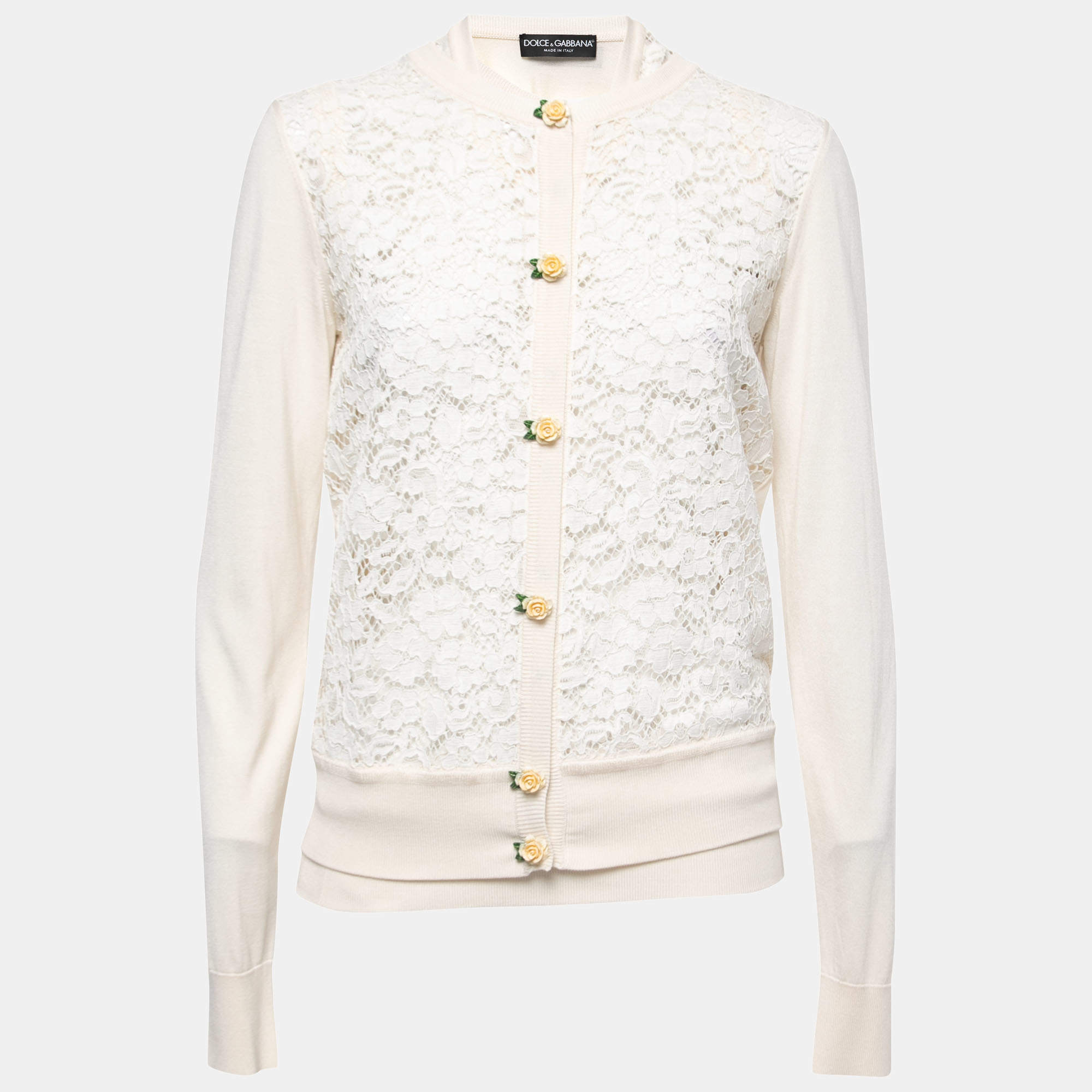 Pre Owned Dolce & Gabbana Cream Lace & Knit Rose-Button Cardigan & Top Set M