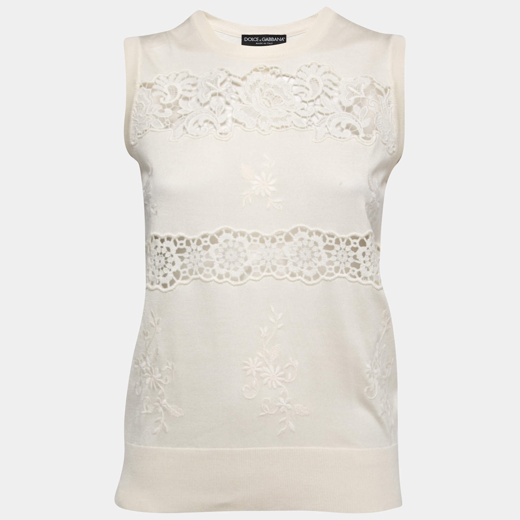 Pre Owned Dolce & Gabbana Cream Lace-Trim Sleeveless Knit Top M