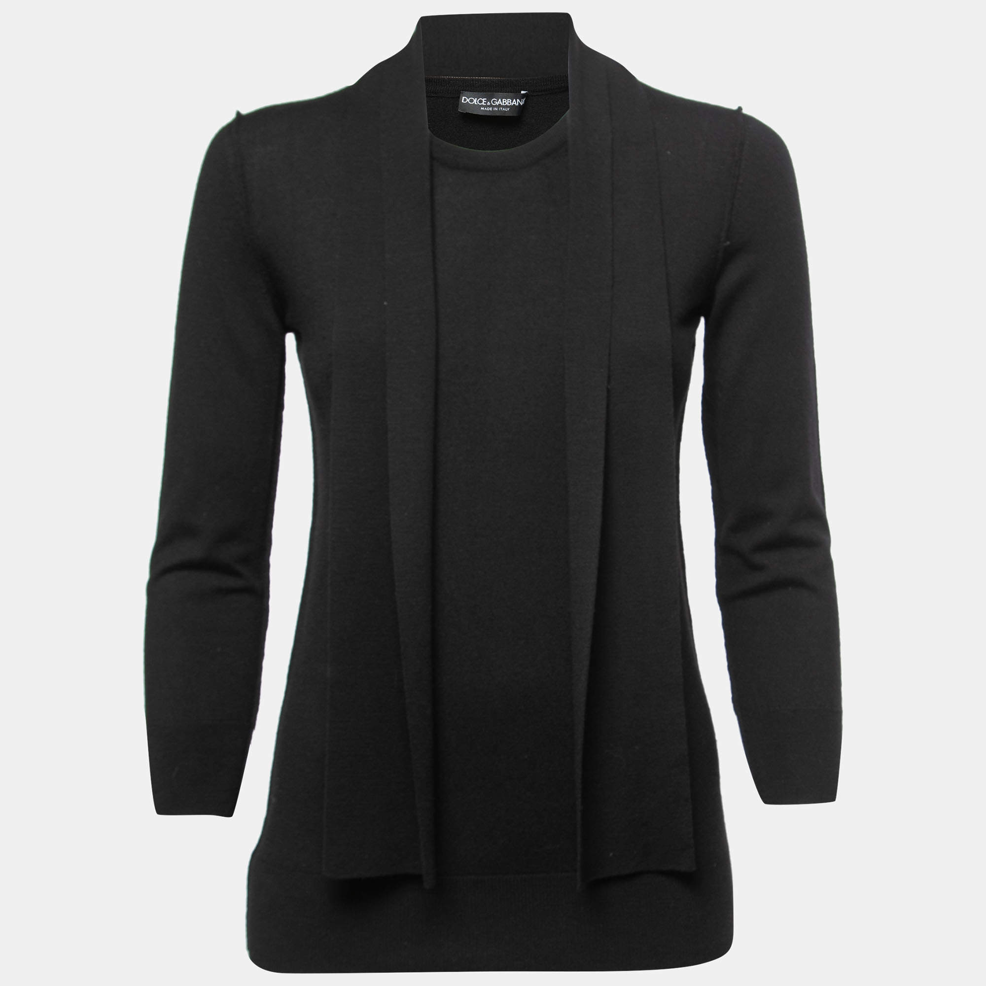 Pre Owned Dolce & Gabbana Black Wool Blend Neck-Tie Knit Top M