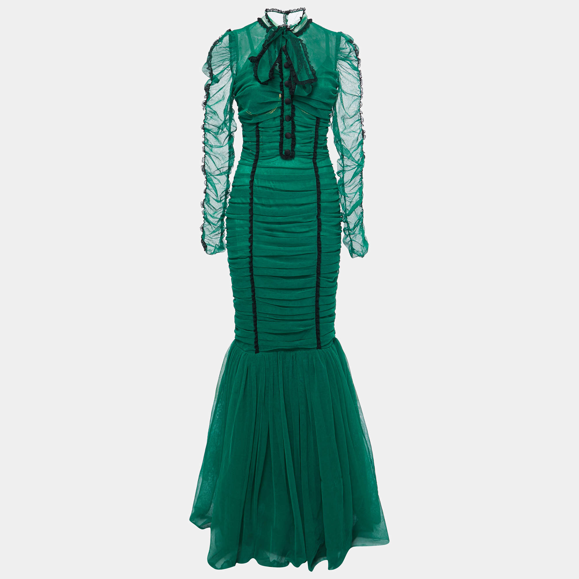 Pre Owned Dolce & Gabbana Green Ruched Tulle Lace Trimmed Gown M