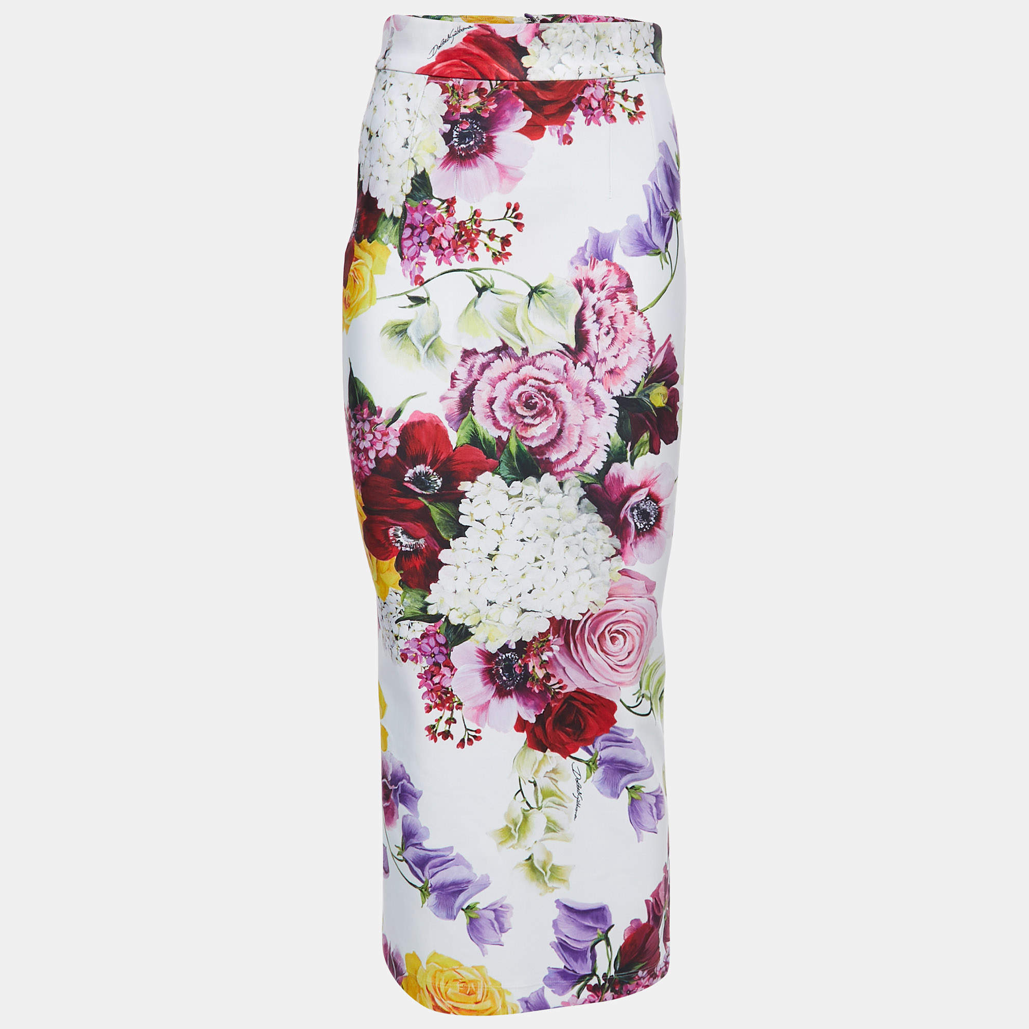Pre Owned Dolce & Gabbana White Floral Printed Jersey Pencil Midi Skirt S