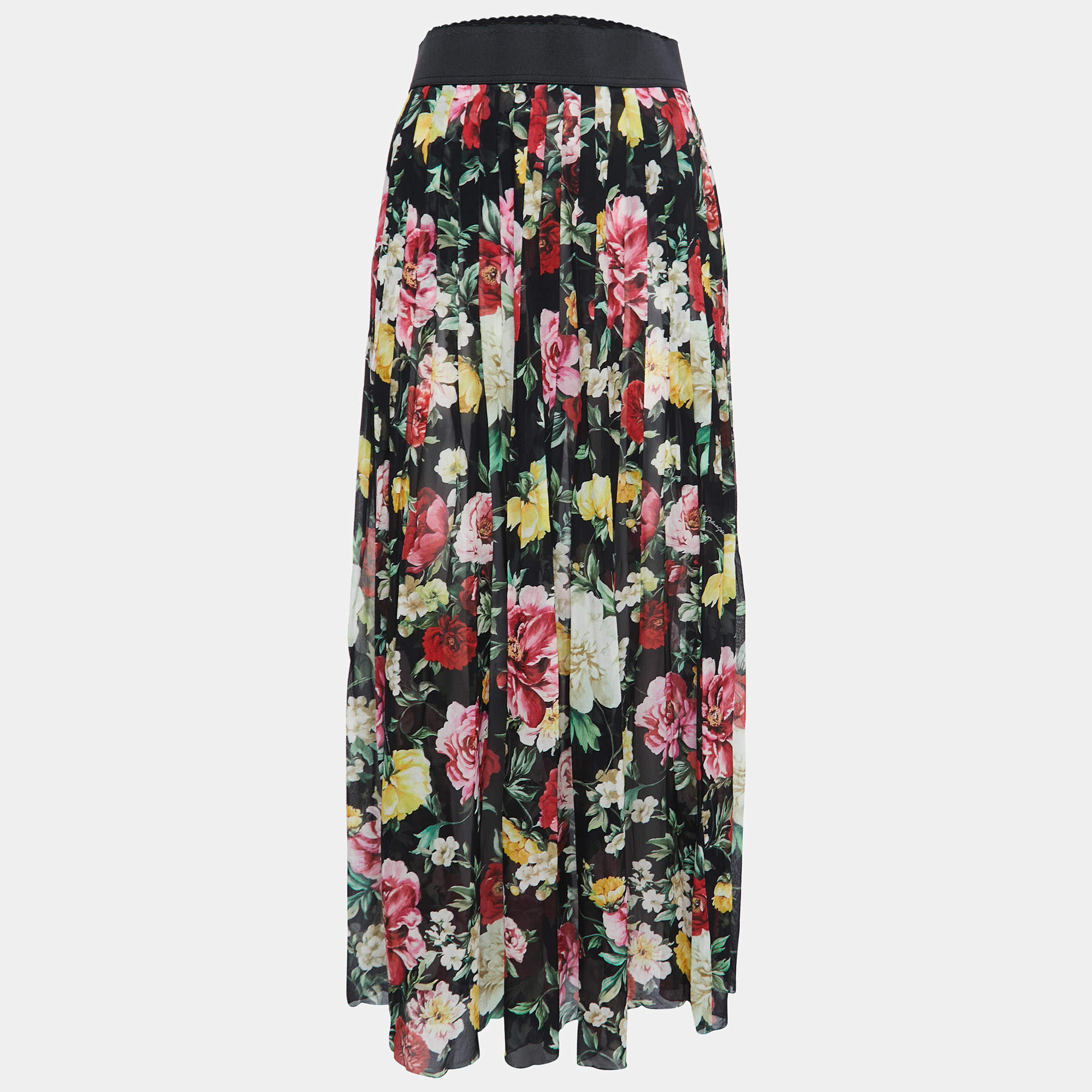 Pre Owned Dolce & Gabbana Black Floral Printed Silk-Chiffon Pleated Maxi Skirt M