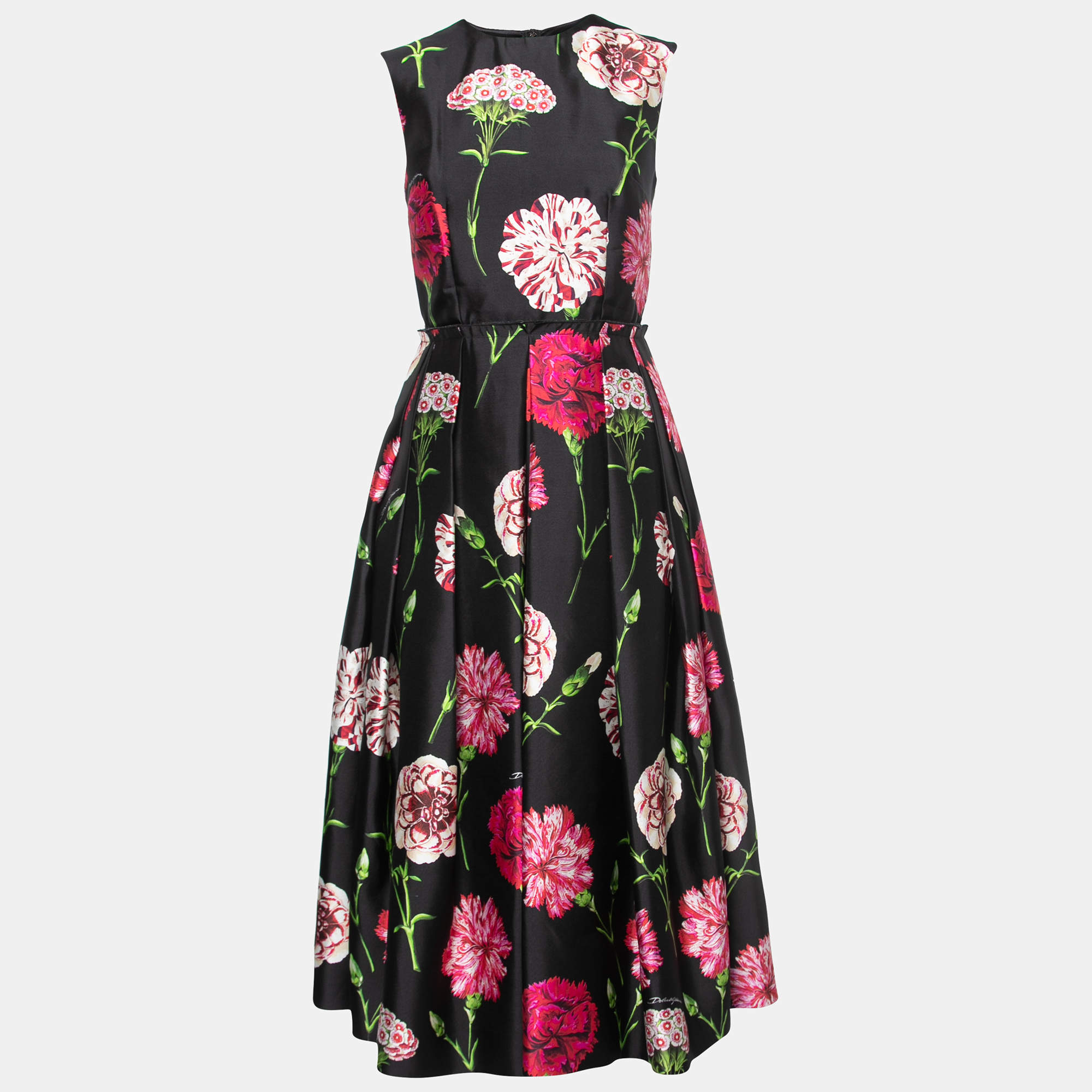 Dolce & Gabbana Black Floral Silk Mikado Midi Dress S