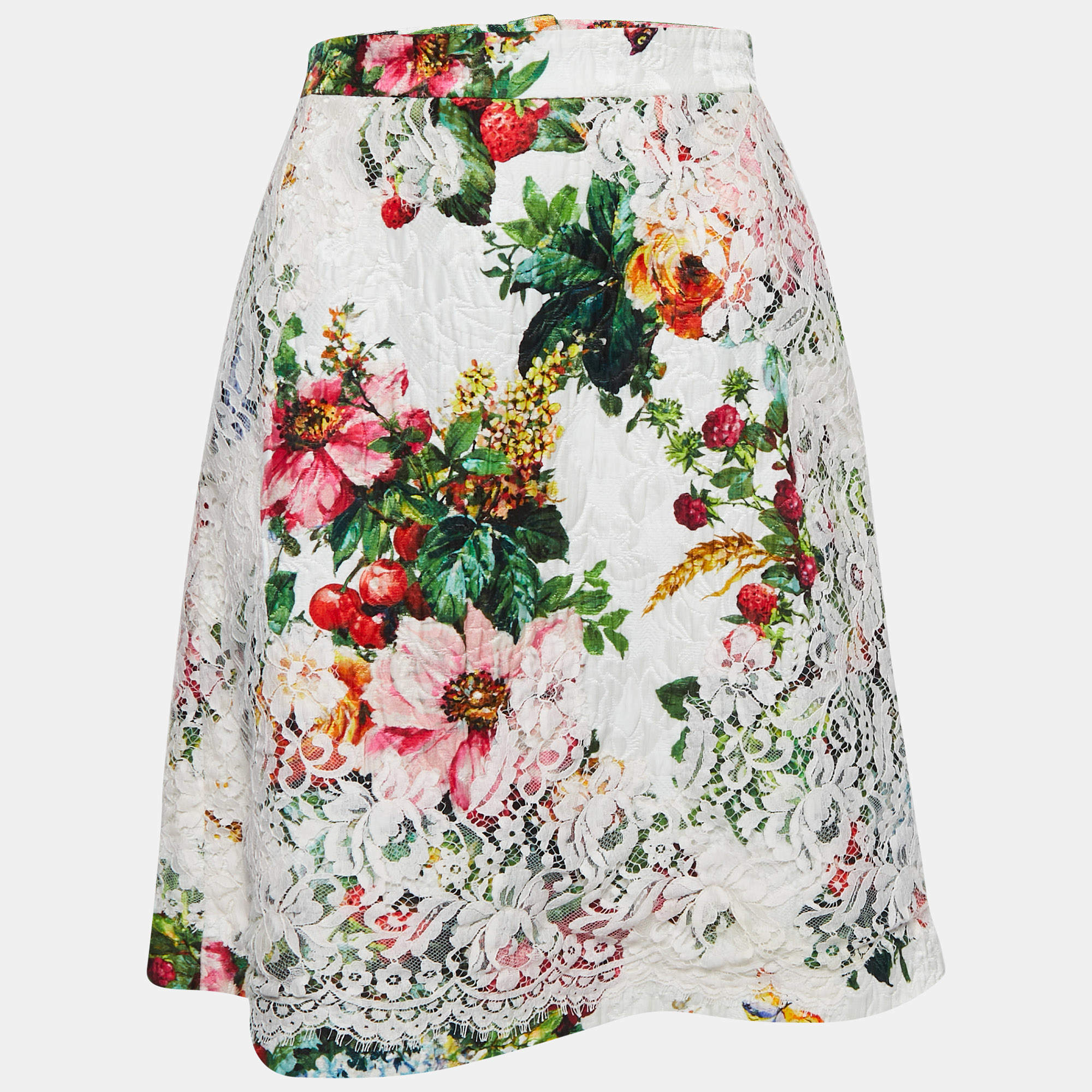 Pre Owned Dolce & Gabbana White Floral Jacquard Lace-Trimmed Skirt S