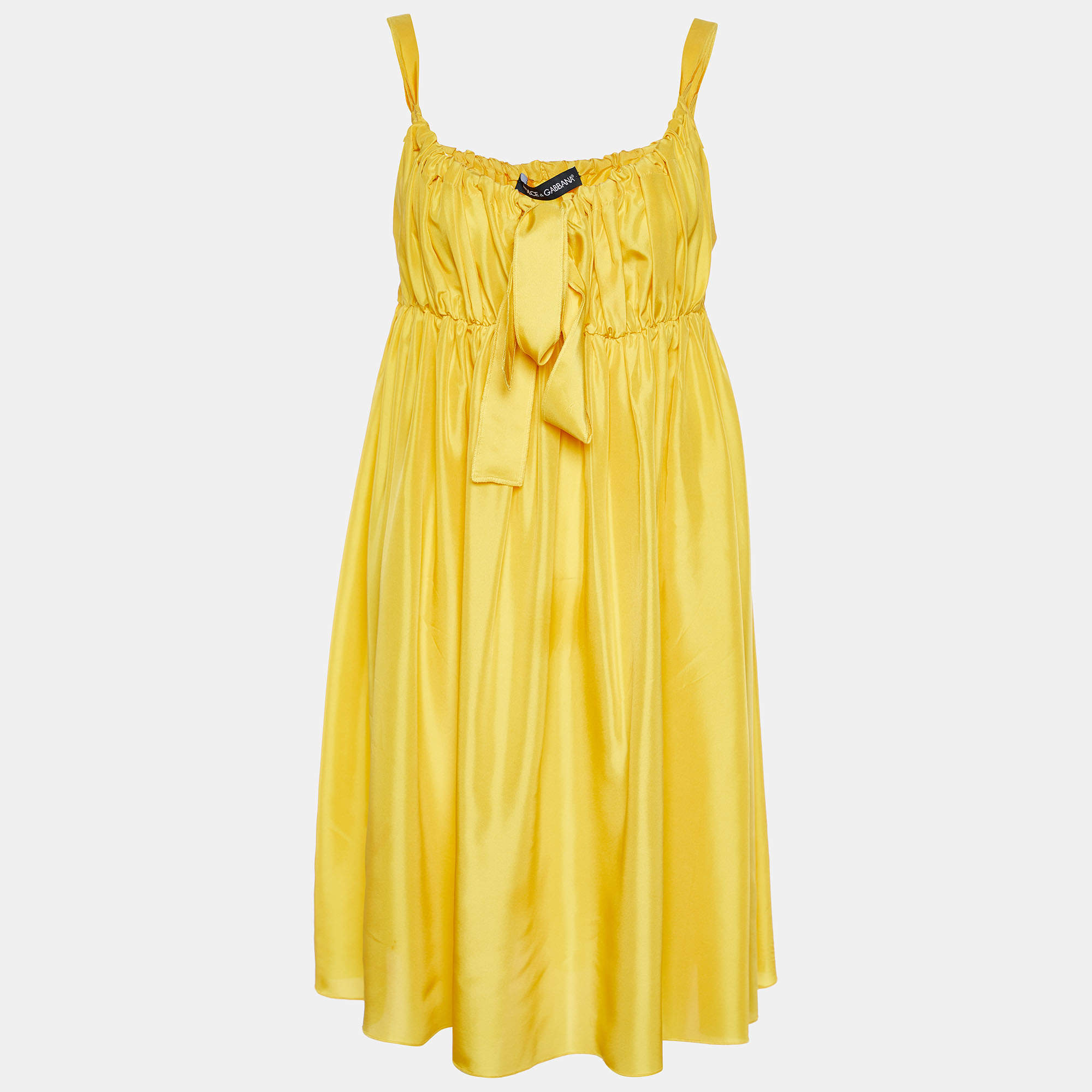 Pre Owned Dolce & Gabbana Yellow Silk Satin Ruched Sleeveless Mini Dress M