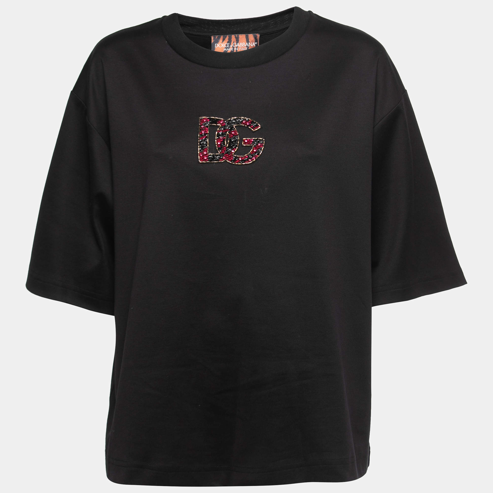 Pre Owned Dolce & Gabbana Black Cotton Embroidered Logo T-Shirt XL
