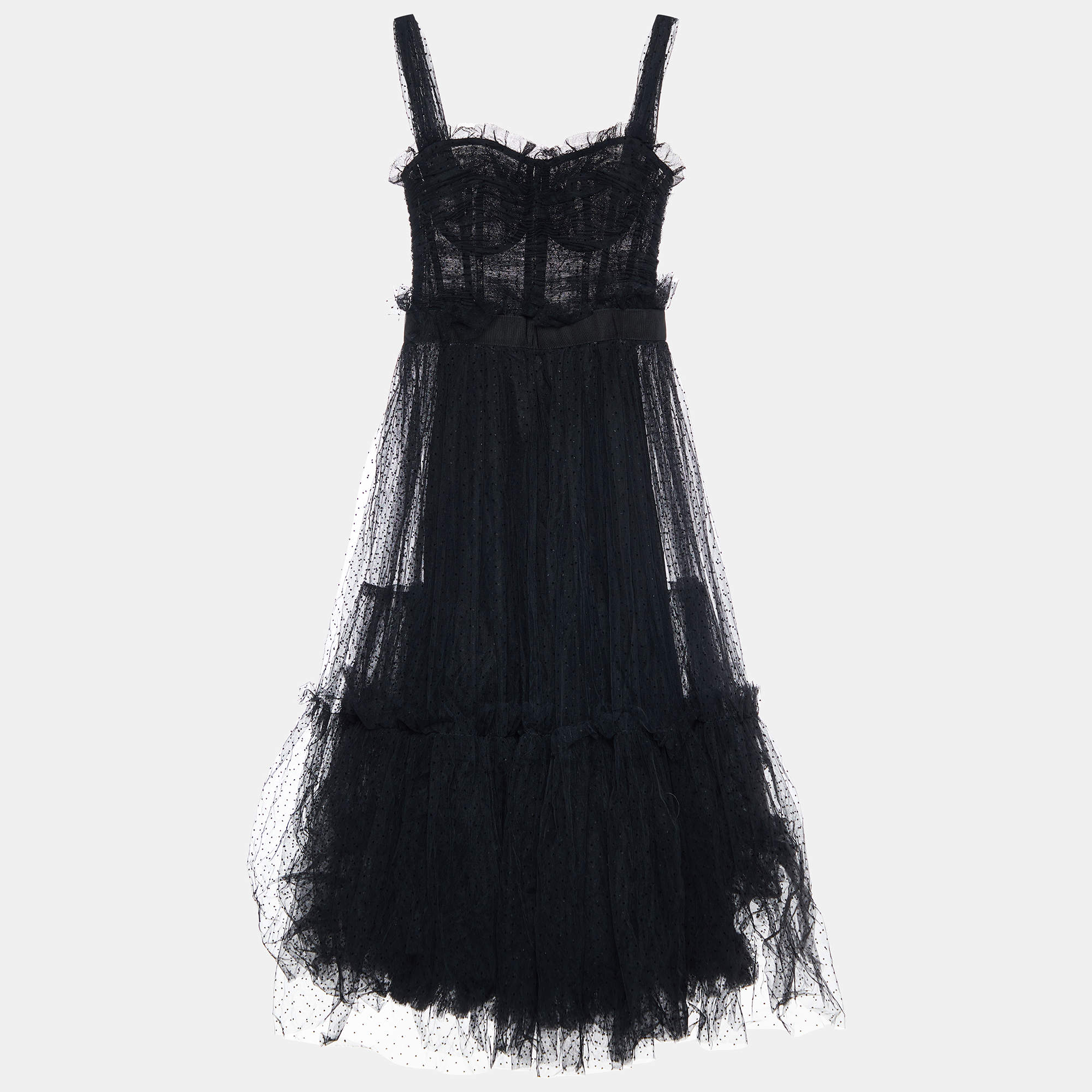 Pre Owned Dolce & Gabbana Black Plumetis Tulle Ruched Midi Dress L