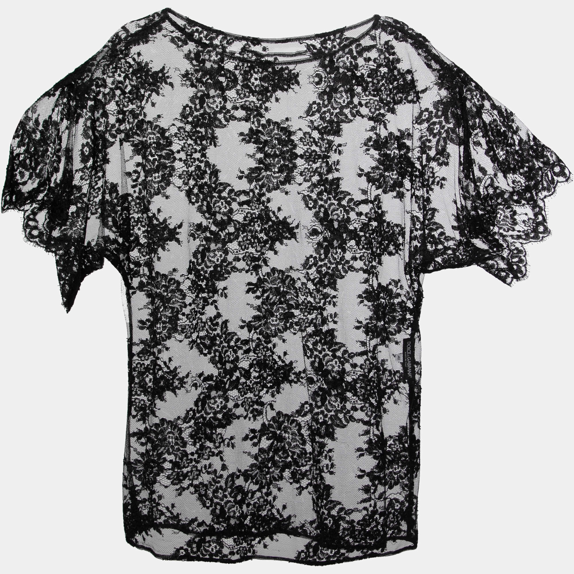 Pre Owned Dolce & Gabbana Black Floral Lace Sheer Top S