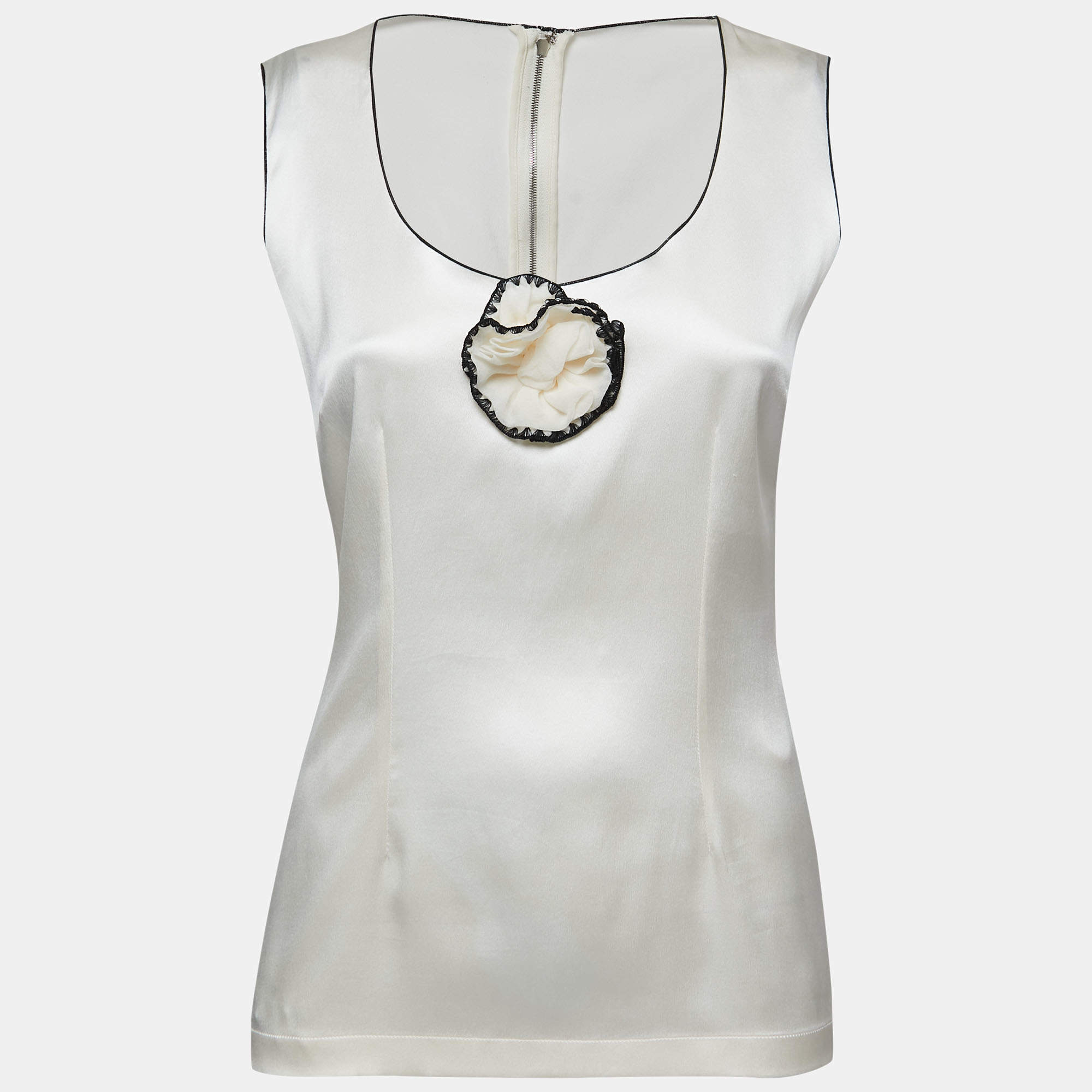 Pre Owned Dolce & Gabbana Cream Silk Satin Flower Detail Tank Top S