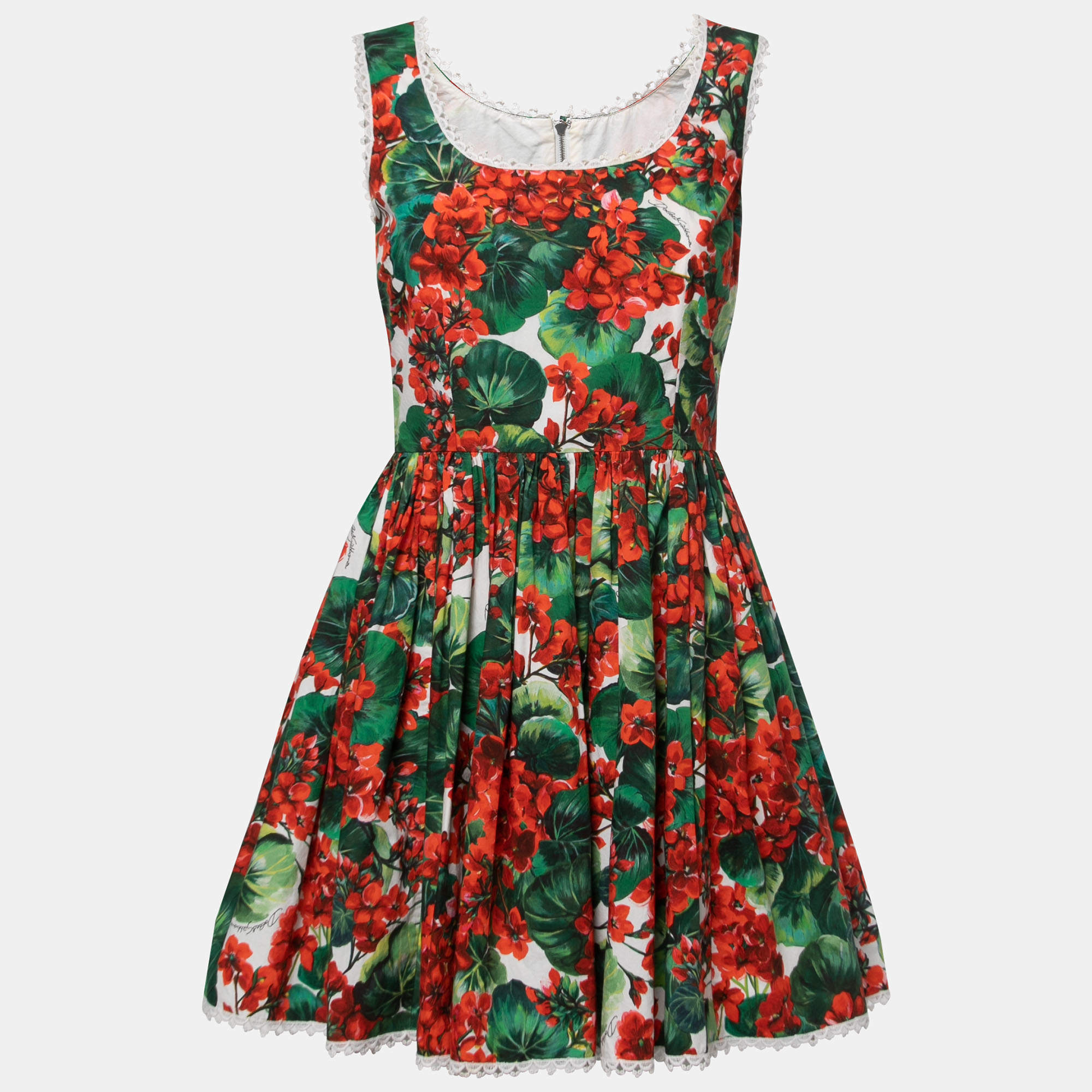 Pre Owned Dolce & Gabbana Red Floral Printed Cotton Sleeveless Mini Dress S