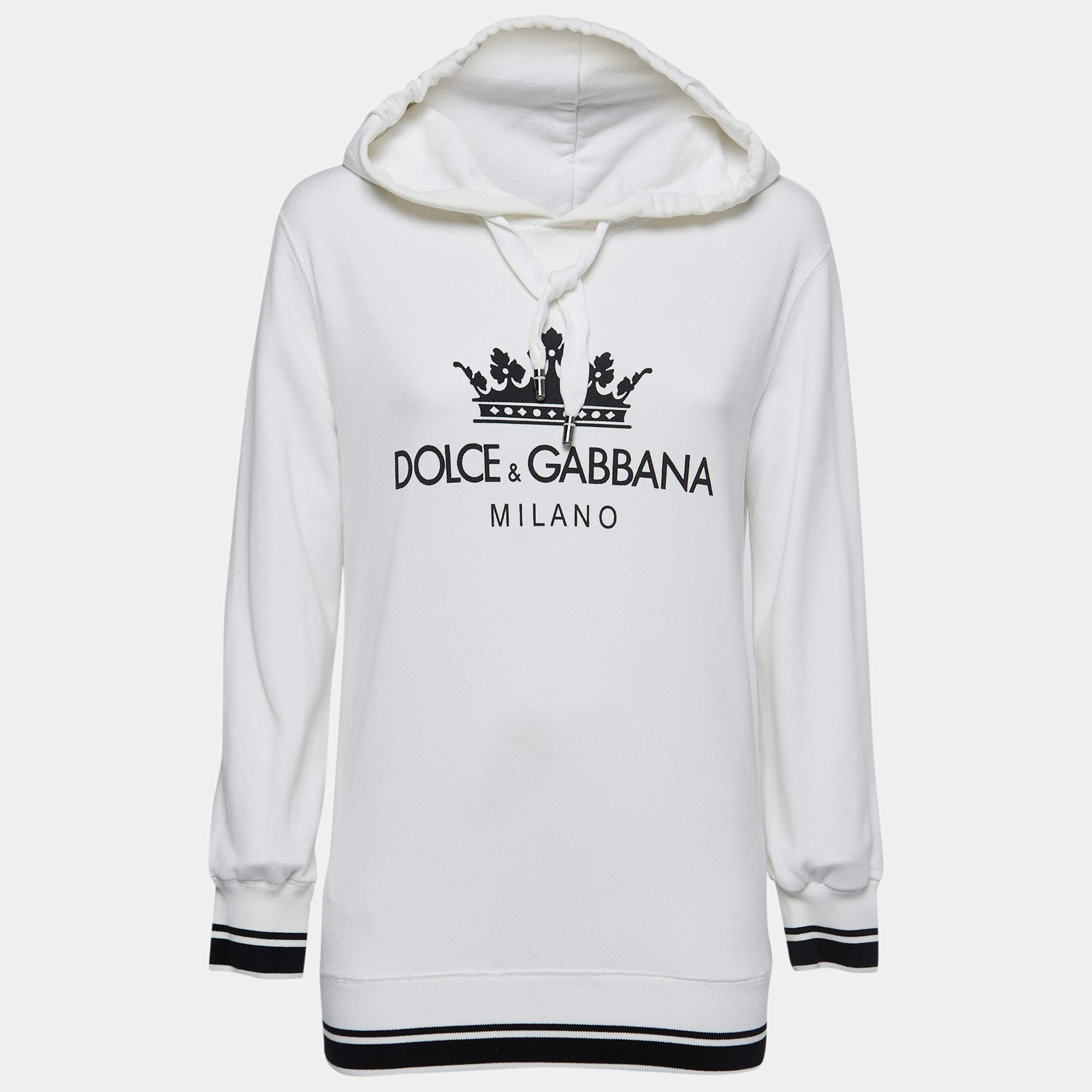 Pre Owned Dolce & Gabbana White Logo Print Cotton Hooded Sweatshirt M