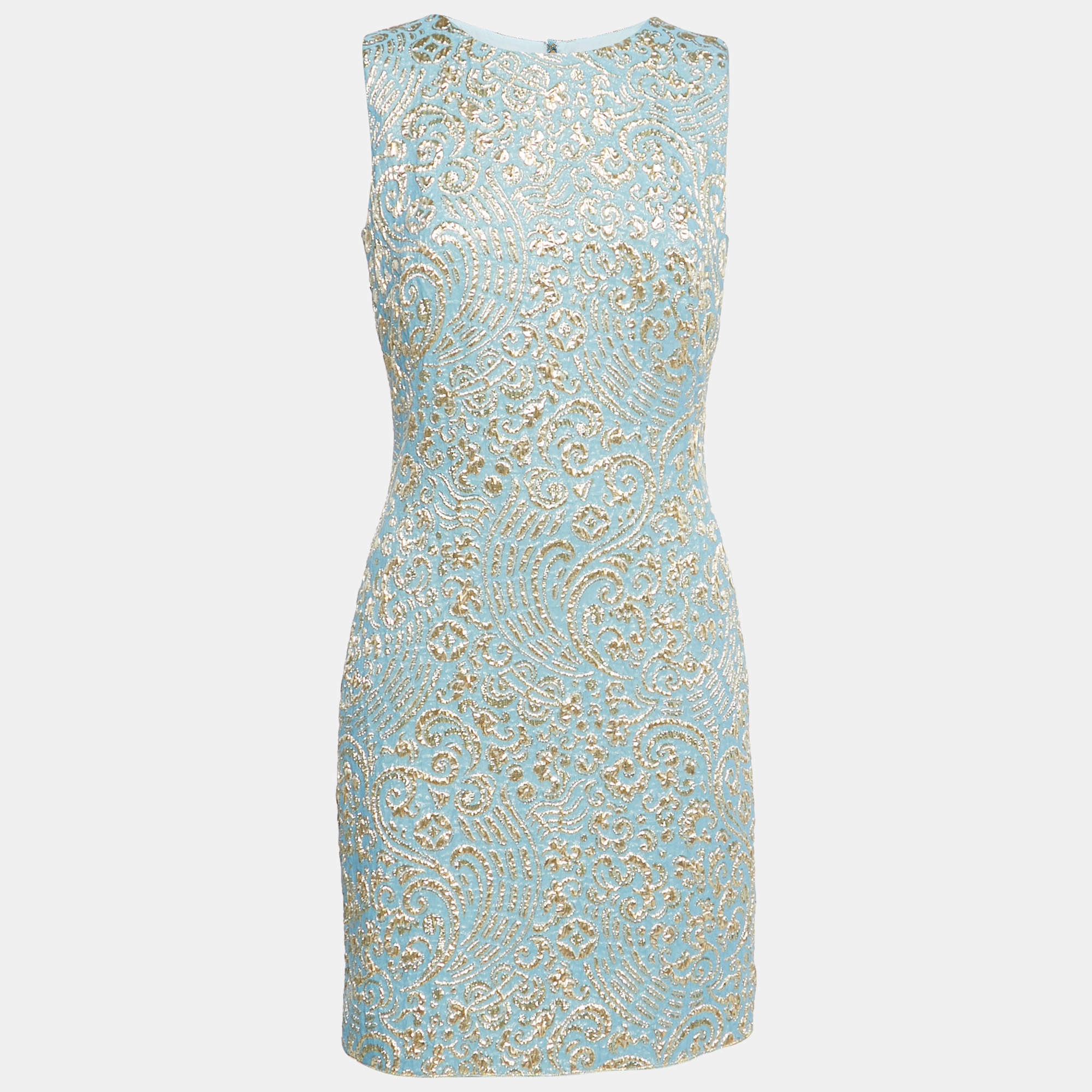 Pre Owned Dolce & Gabbana Blue & Gold Jacquard Silk Sleeveless Dress M