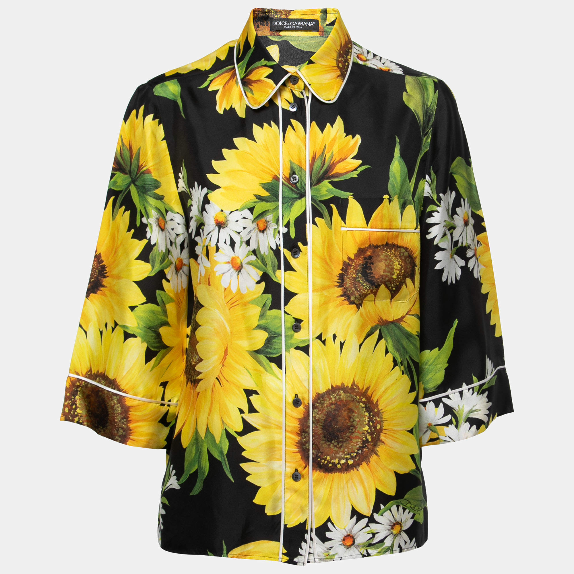 Pre Owned Dolce & Gabbana Black Sunflower Printed Silk Pajama Shirt M