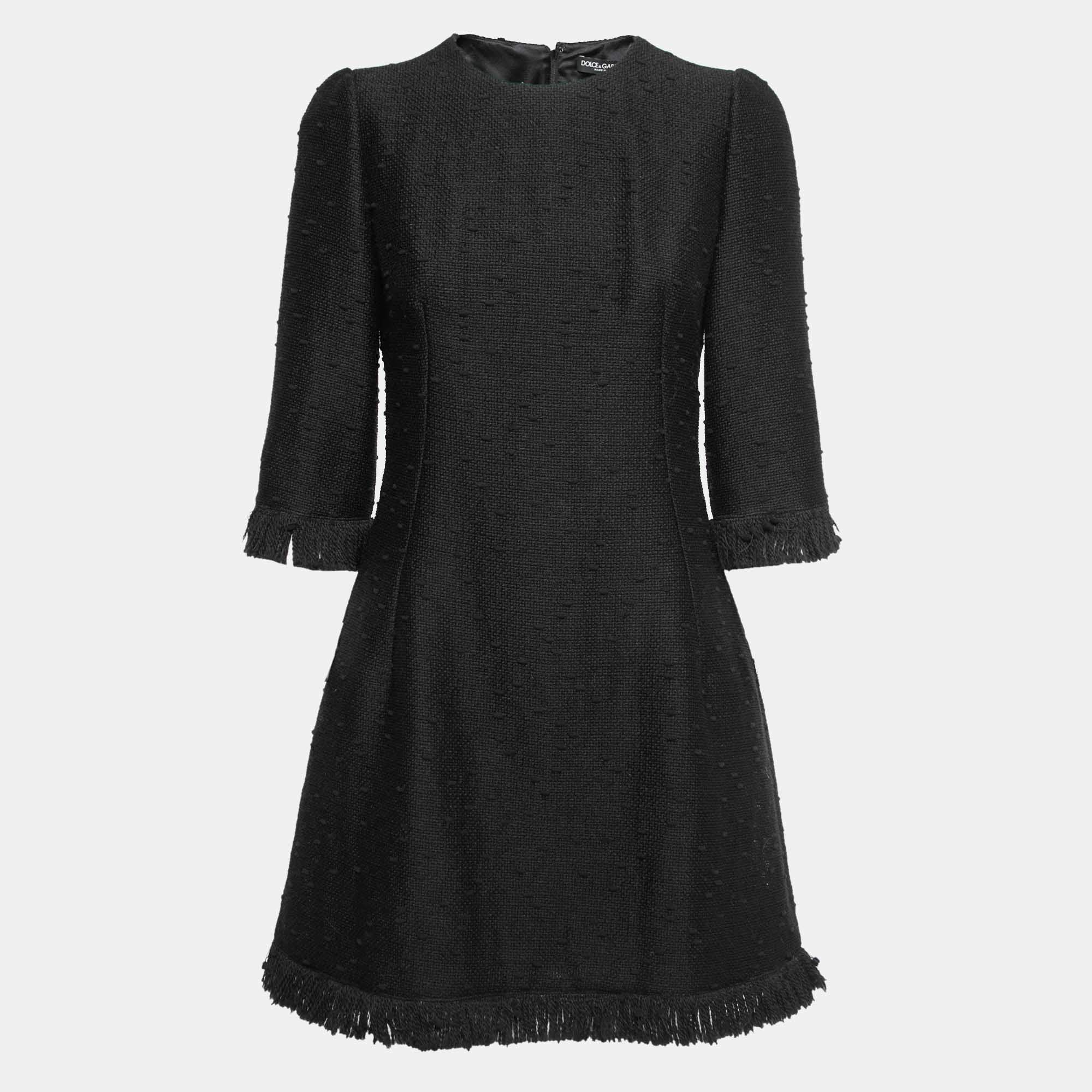 Pre Owned Dolce & Gabbana Black Tweed Fringed Mid-Length Dress M
