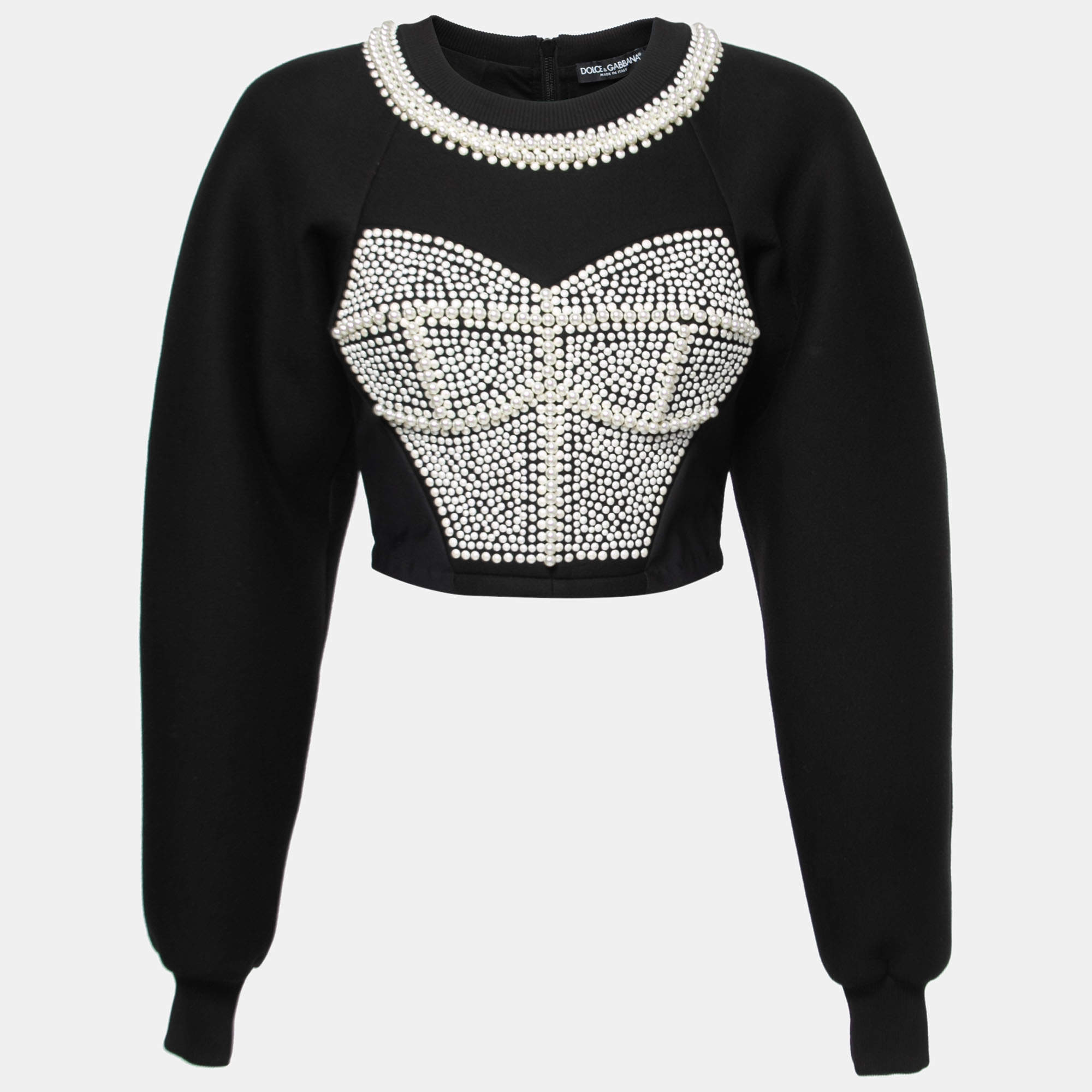 Pre Owned Dolce & Gabbana Black Neoprene Pearl Beaded Corset Cropped Sweatshirt S