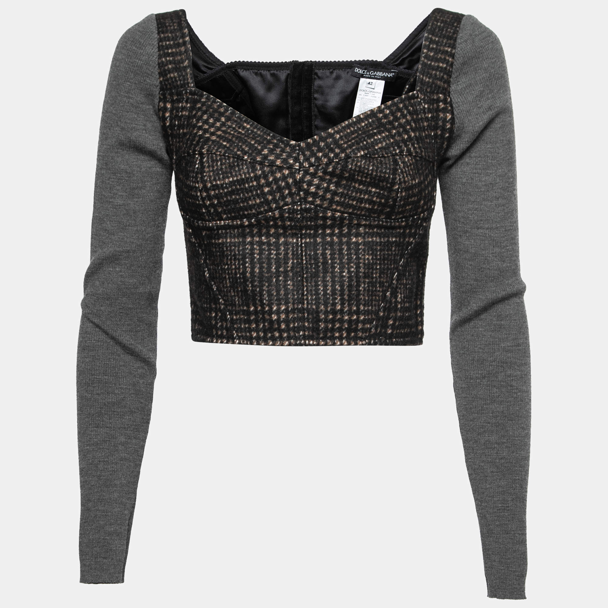 Pre Owned Dolce & Gabbana Brown/Grey Patterned Wool Bustier Long Sleeve Crop Top M