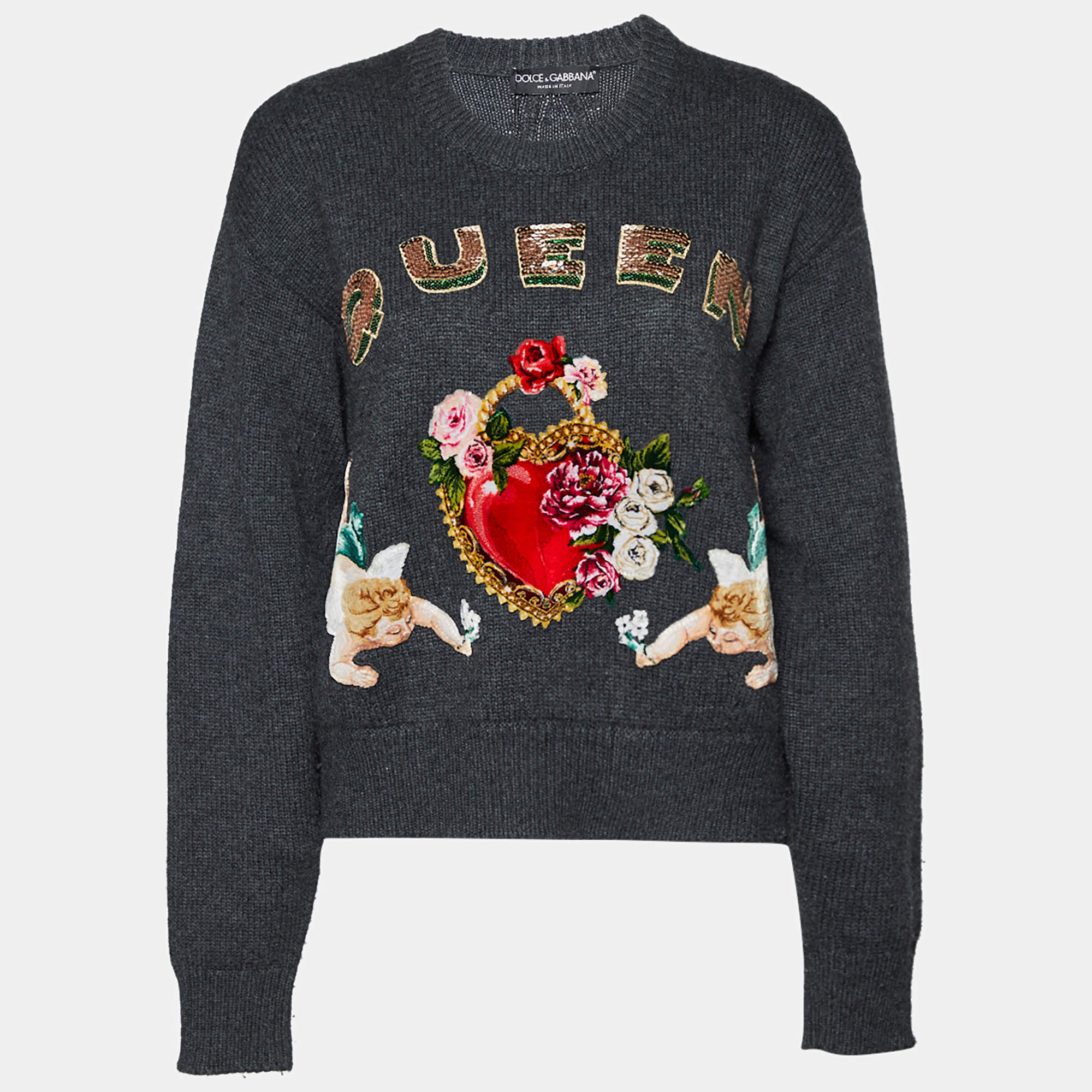 Pre Owned Dolce & Gabbana Dark Grey Embroidered Cashmere Crewneck Sweater S