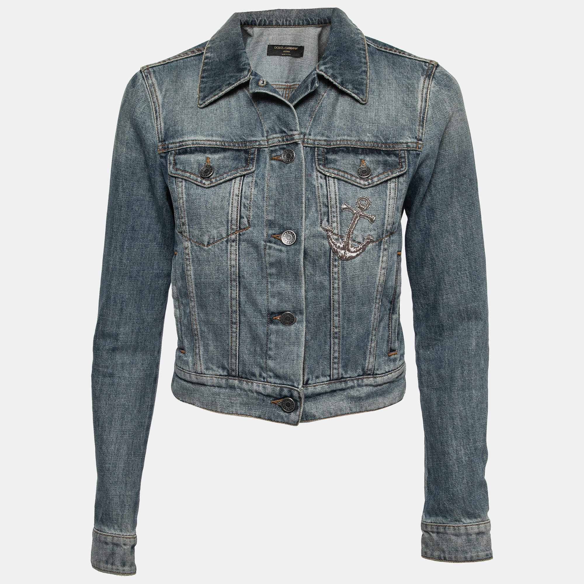 Pre Owned Dolce & Gabbana Blue Denim Anchor Embroidered Jacket S