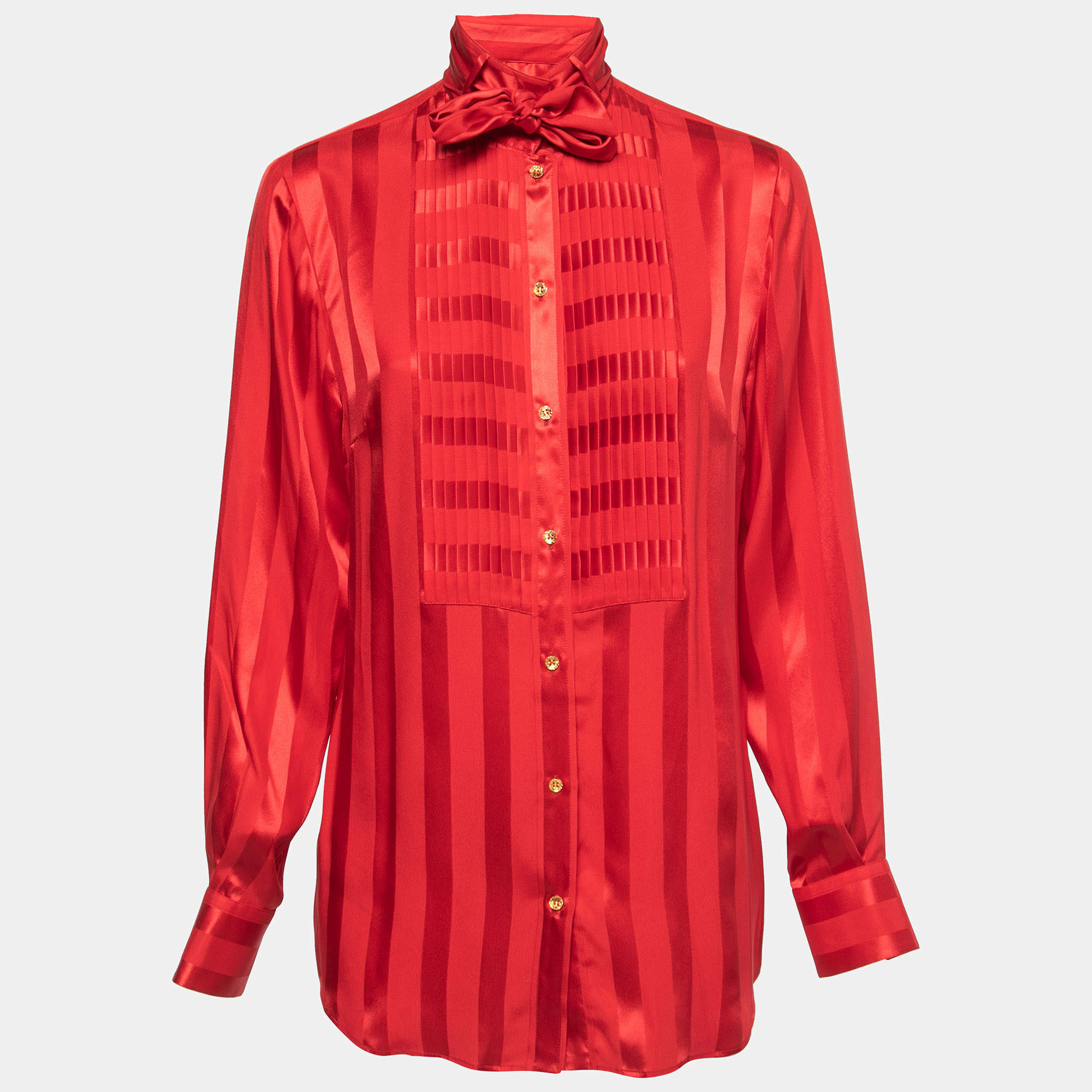 Dolce & Gabbana Red Striped Silk Pleated Front Tie Neck Blouse M