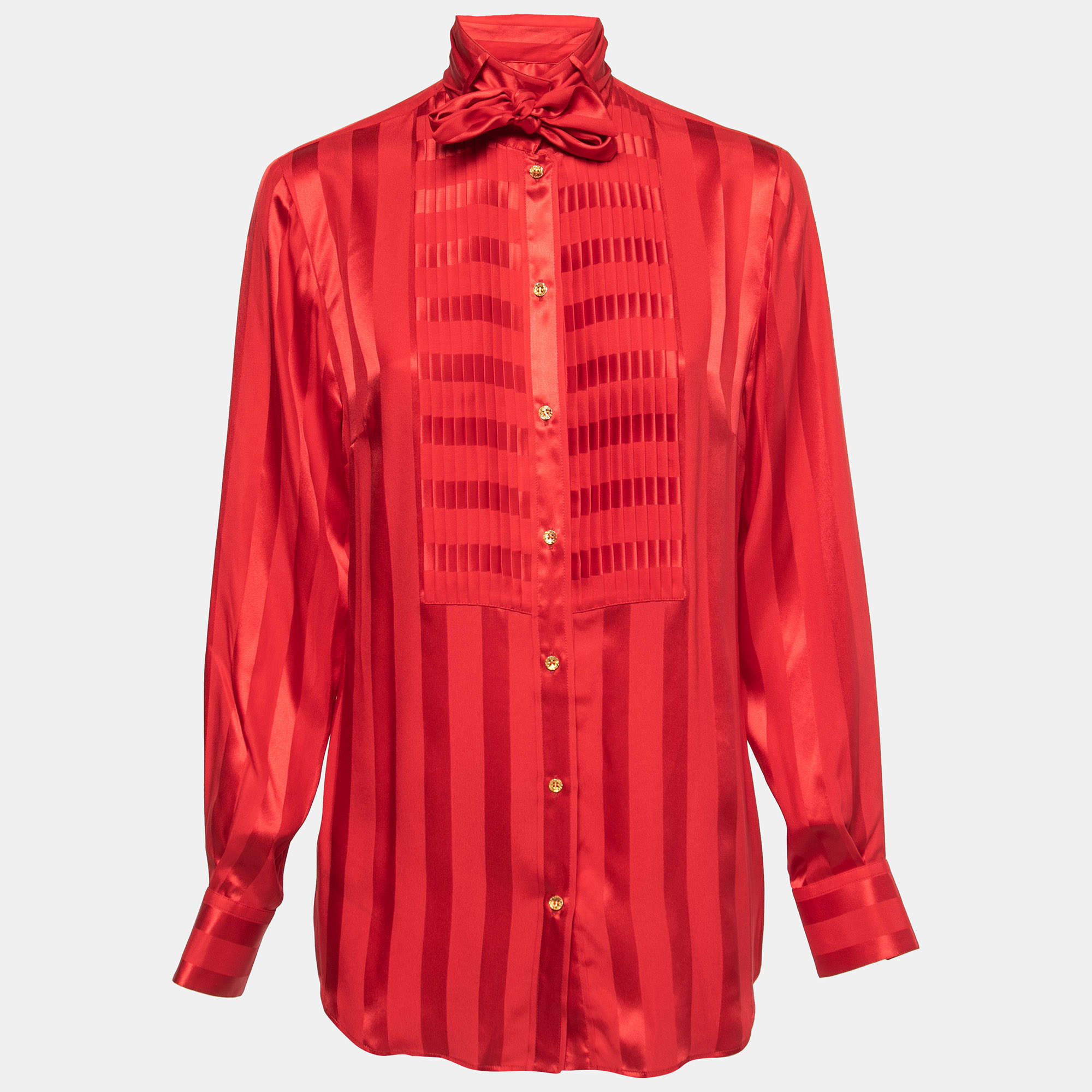 Pre Owned Dolce & Gabbana Red Striped Silk Pleated Front Tie Neck Blouse M