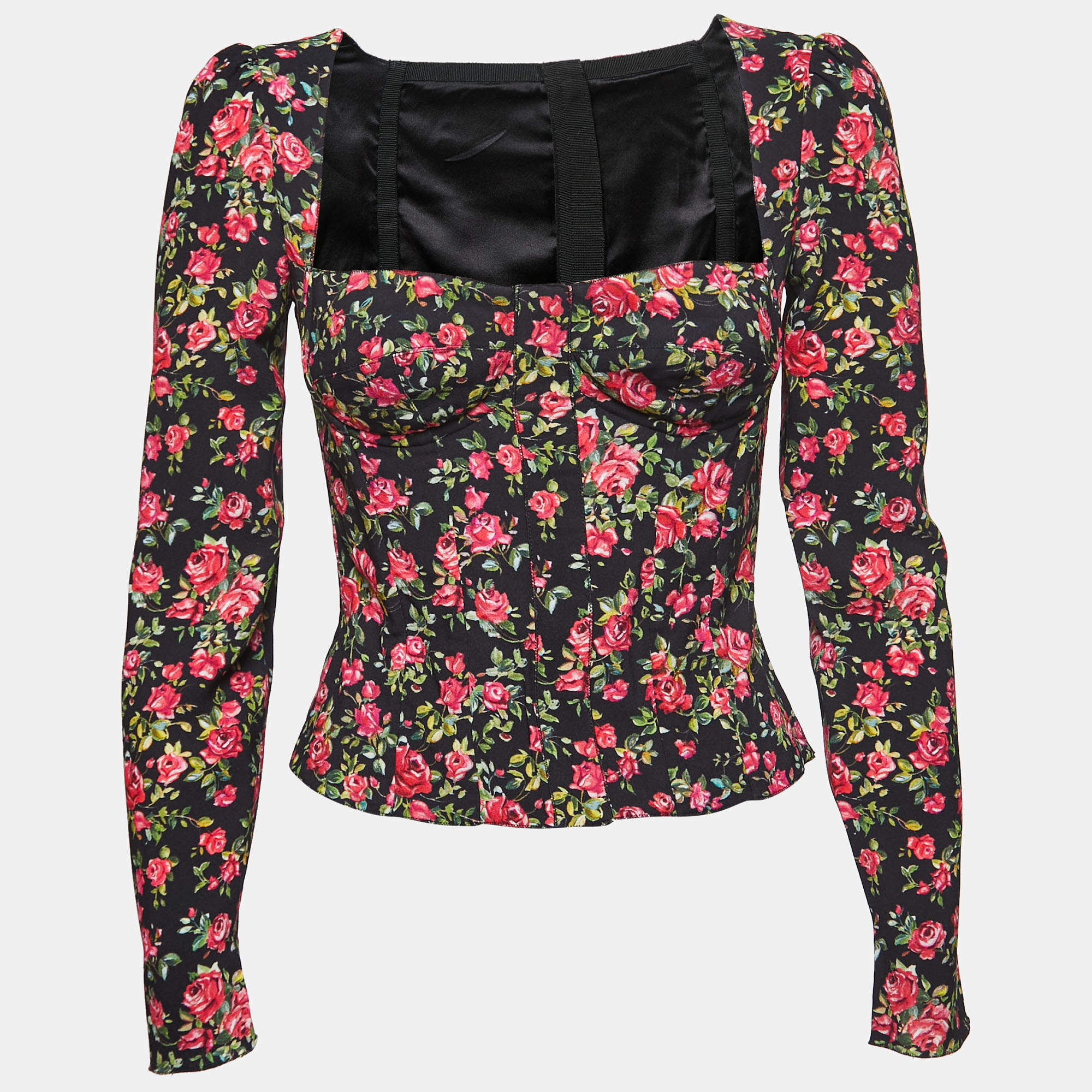 Pre Owned Dolce & Gabbana Black Floral Printed Crepe Corset Top S