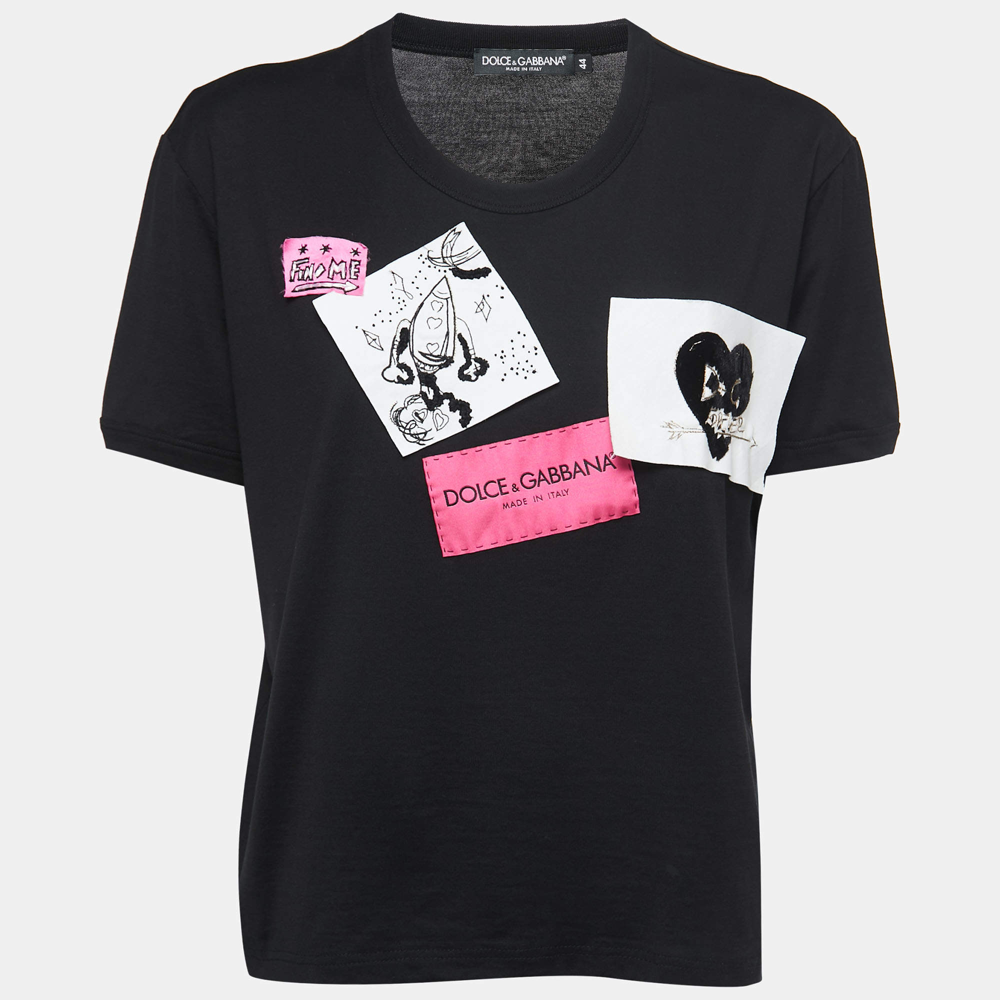Pre Owned Dolce & Gabbana Black Cotton Patch Detail Crew Neck T-Shirt M