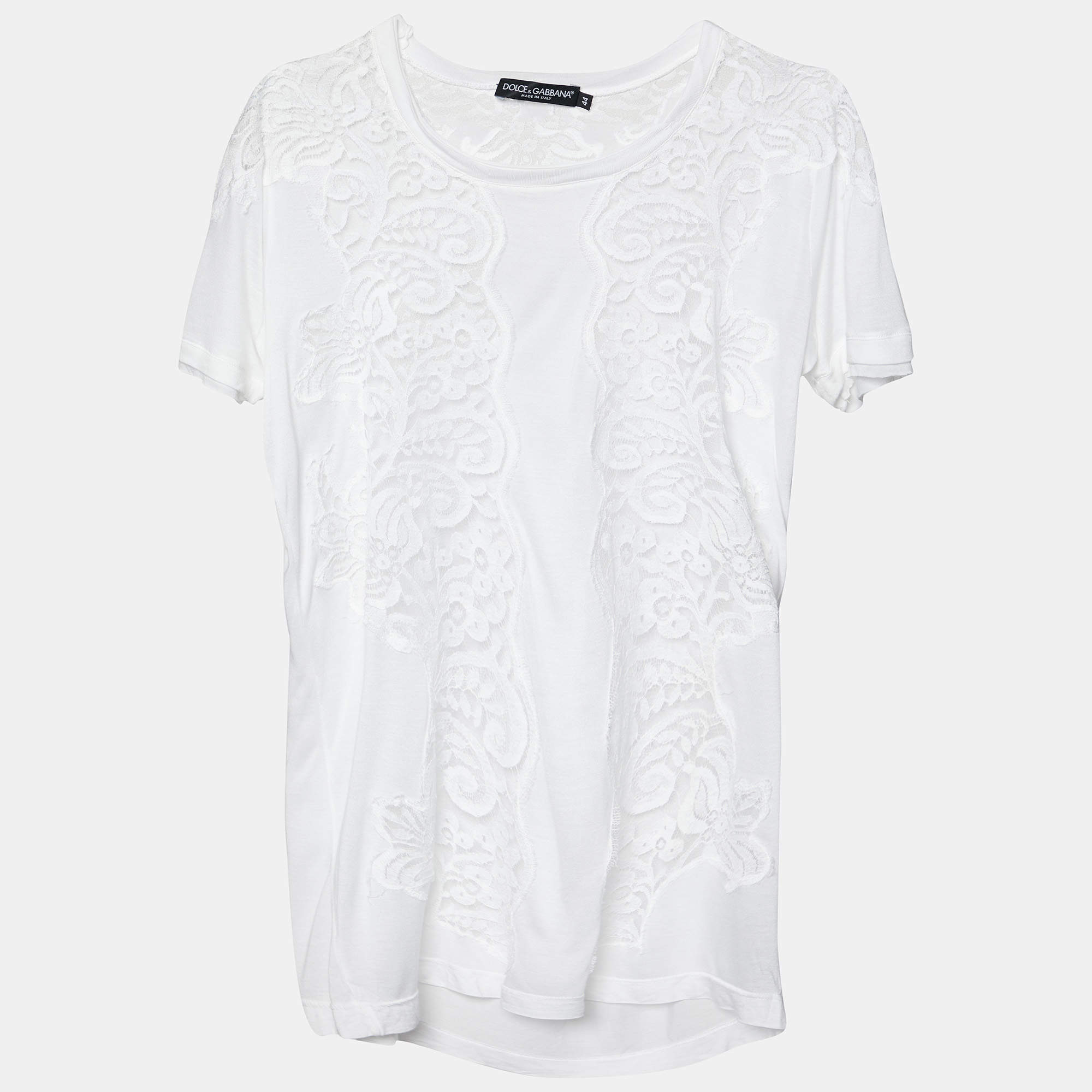 مملوكة مسبقًا Dolce & Gabbana White Modal Knit Lace Trim T-Shirt M