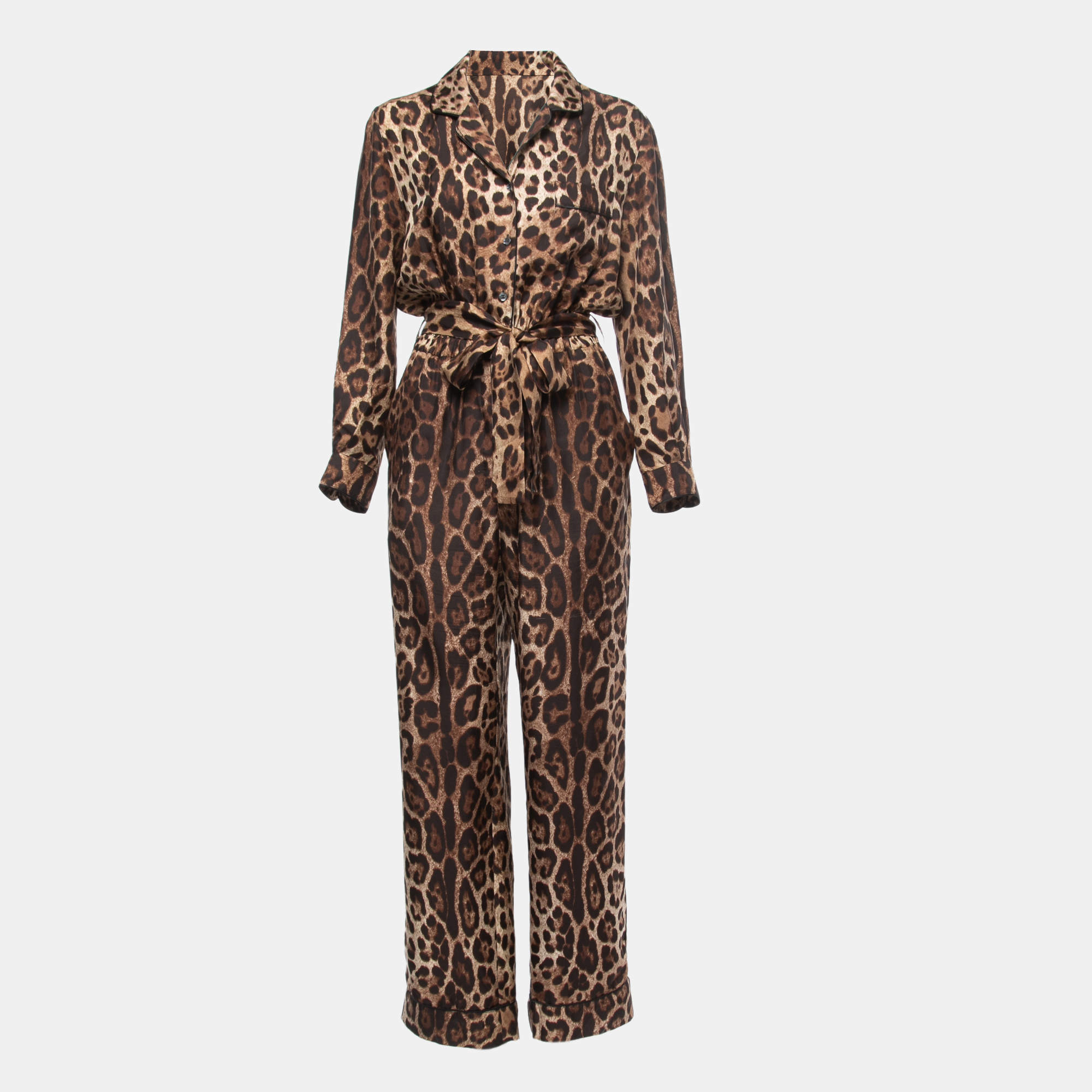 Dolce & Gabbana Brown Leopard Printed Silk Button Front Flared Leg Jumpsuit M
