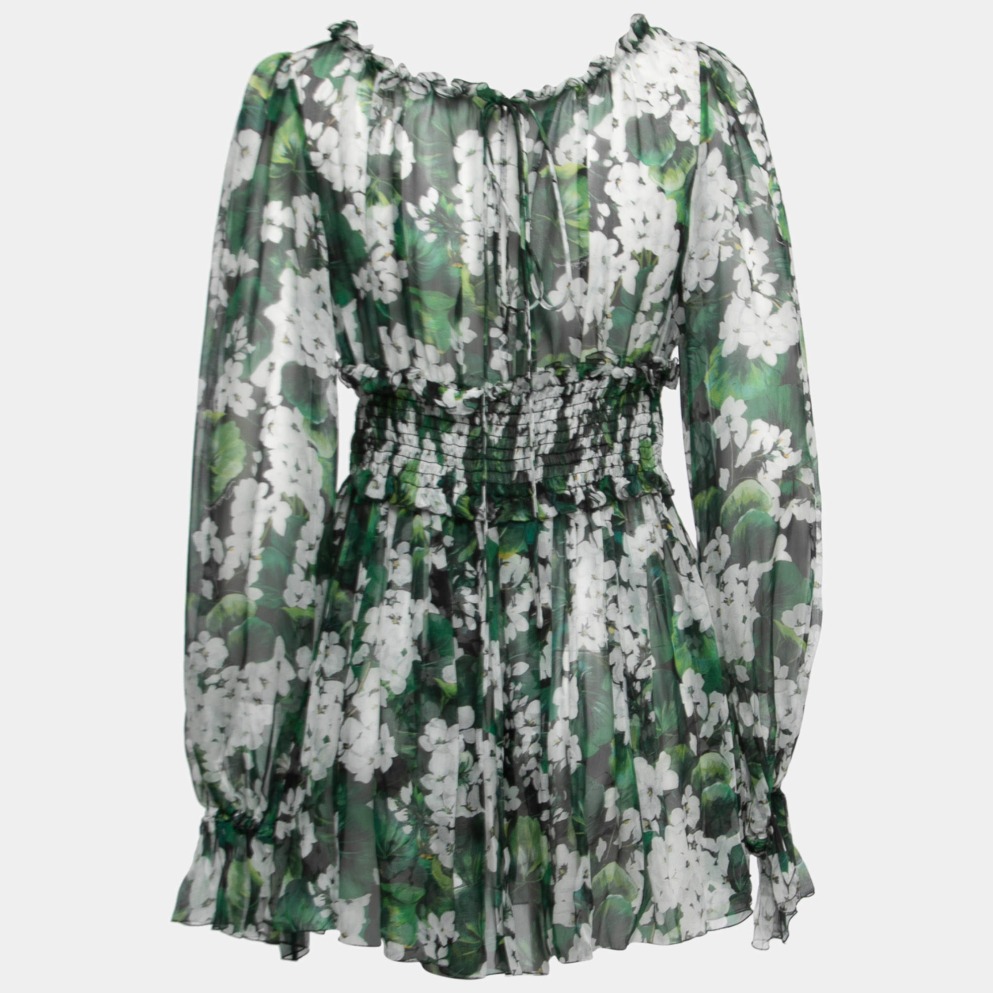 Pre Owned Dolce & Gabbana Green Floral Printed Chiffon Tie Detail Blouse M