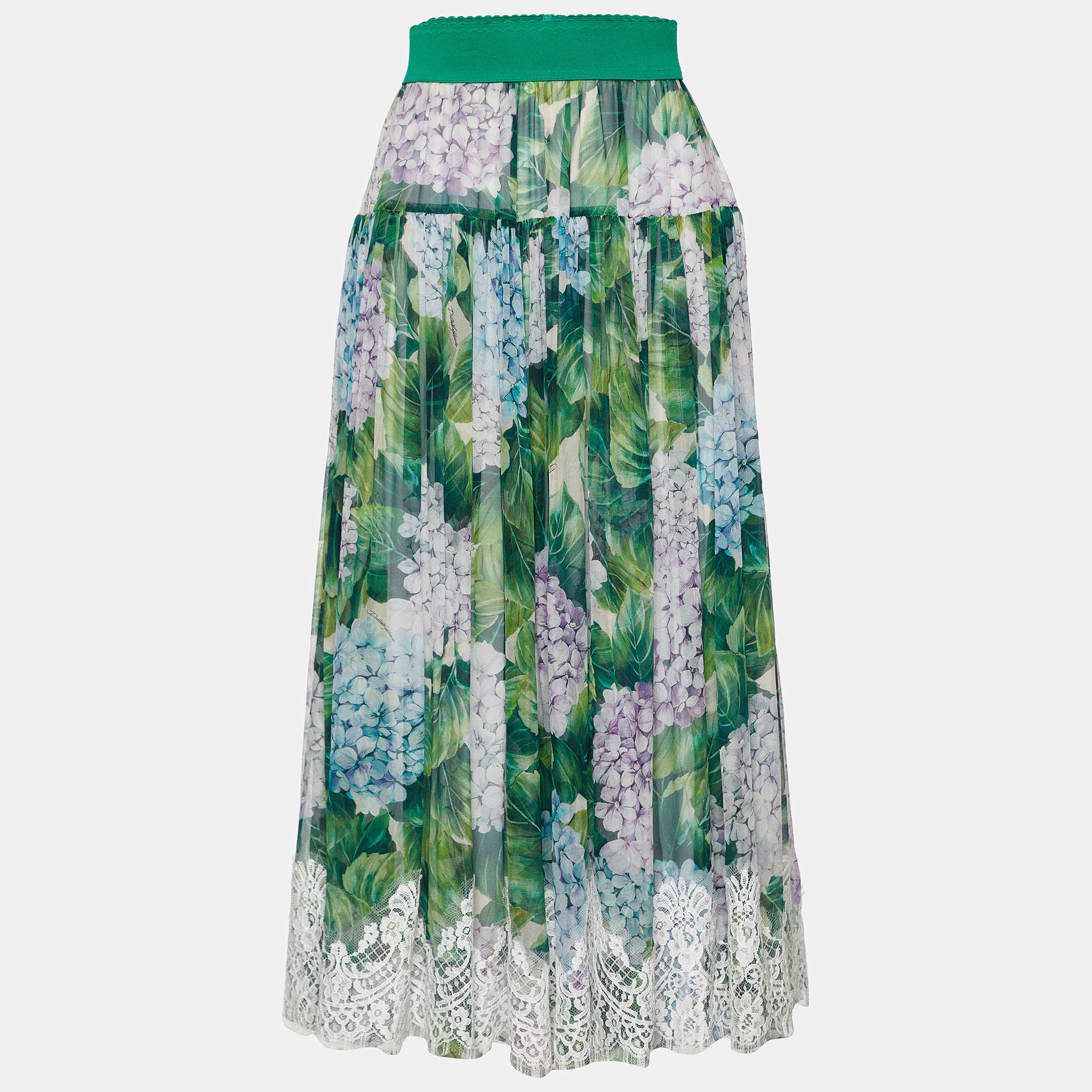 Pre Owned Dolce & Gabbana Green Hydrangea Printed Silk & Lace Flared Midi Skirt S