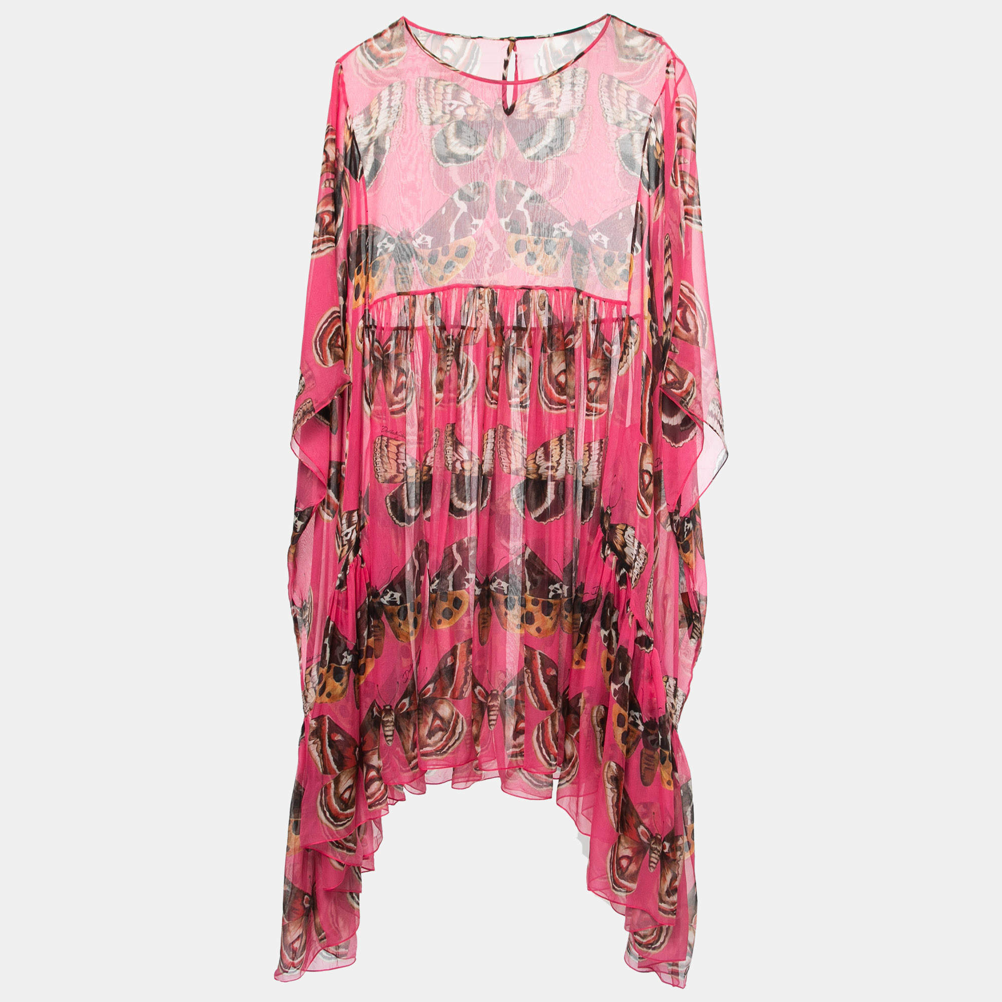 Pre Owned Dolce & Gabbana Pink Butterfly Printed Silk Chiffon Asymmetrical Kaftan Dress M