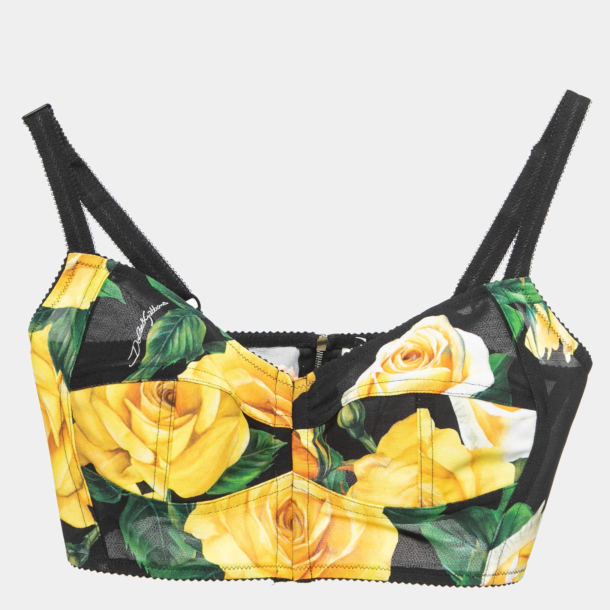 Pre Owned Dolce & Gabbana Black Floral Print Nylon Cropped Bralette Top M
