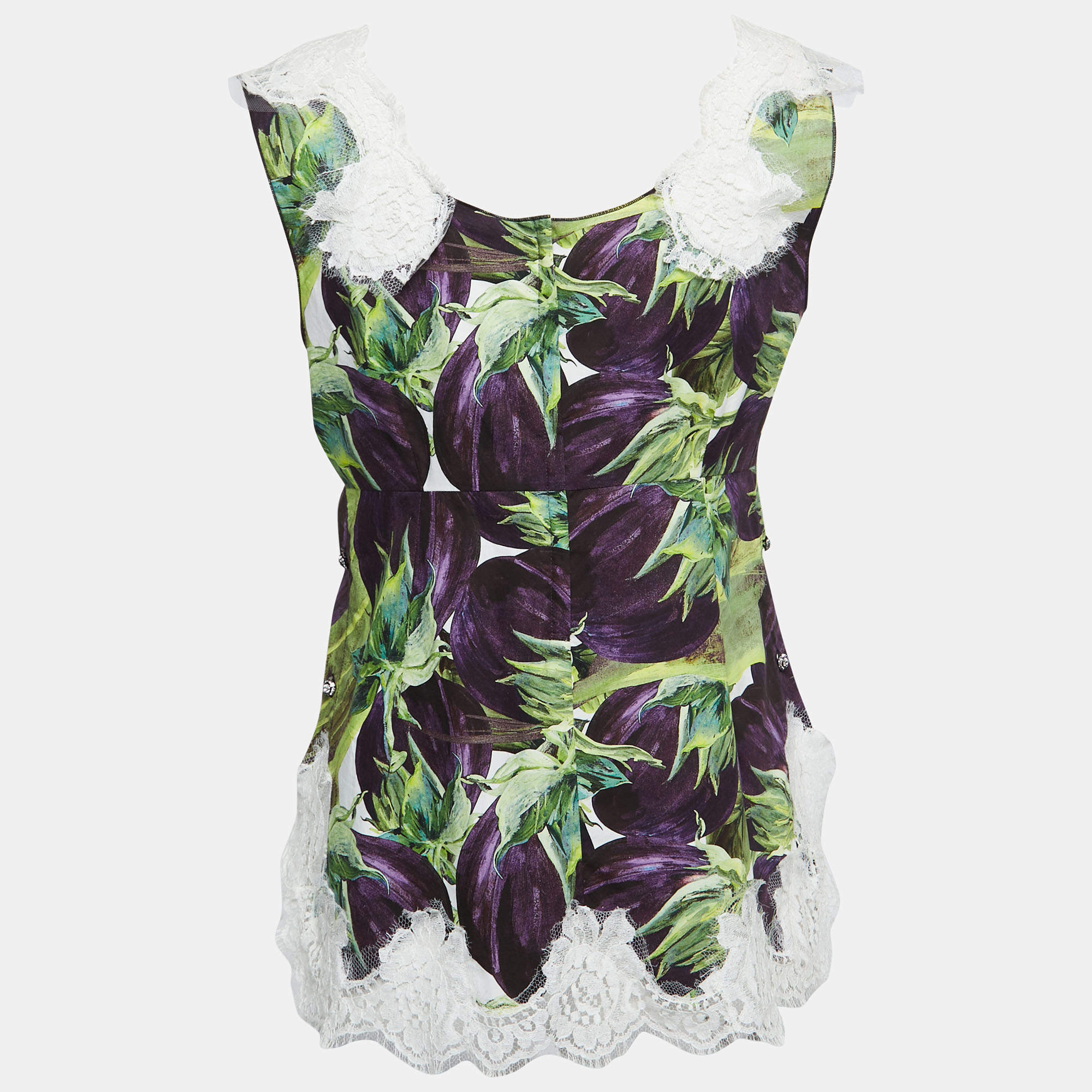 Pre Owned Dolce & Gabbana Purple/White Printed Cotton Lace Trimmed Sleeveless Top S