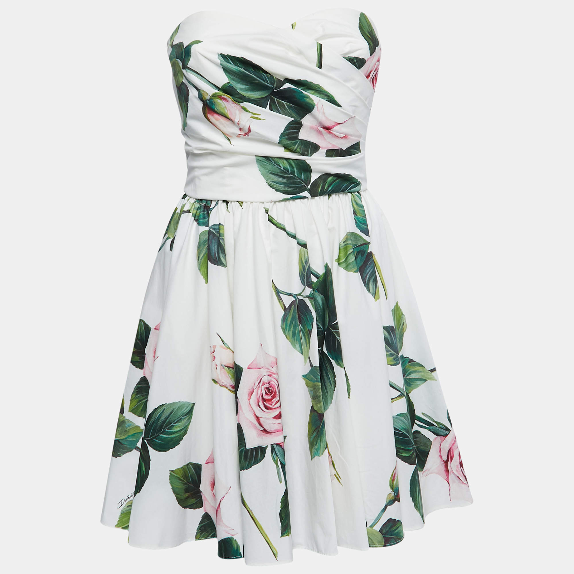 Pre Owned Dolce & Gabbana White Floral Printed Cotton Poplin Strapless Mini Dress S