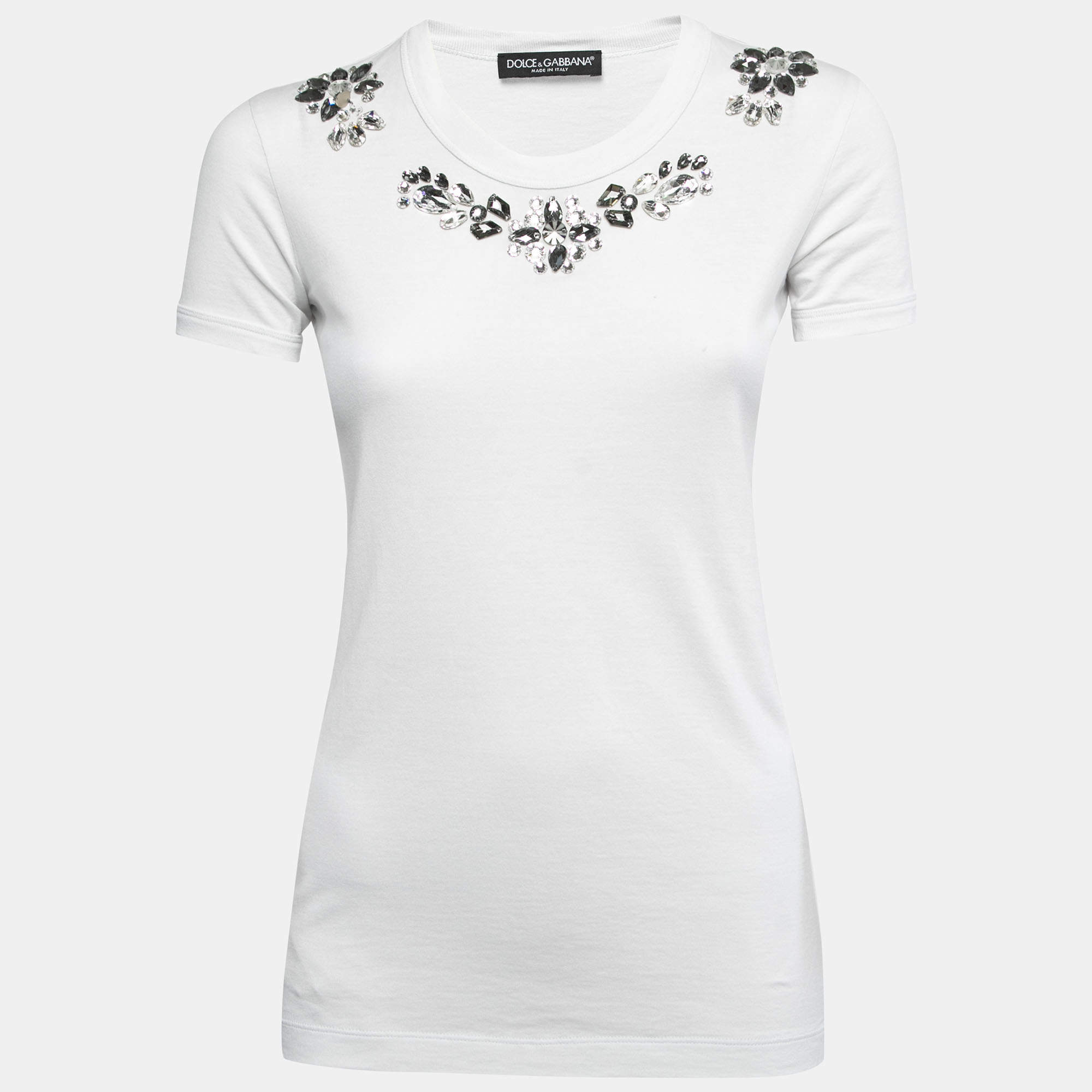 Pre Owned Dolce & Gabbana White Crystal Embellished Cotton Half Sleeve Crew Neck T-Shirt XS