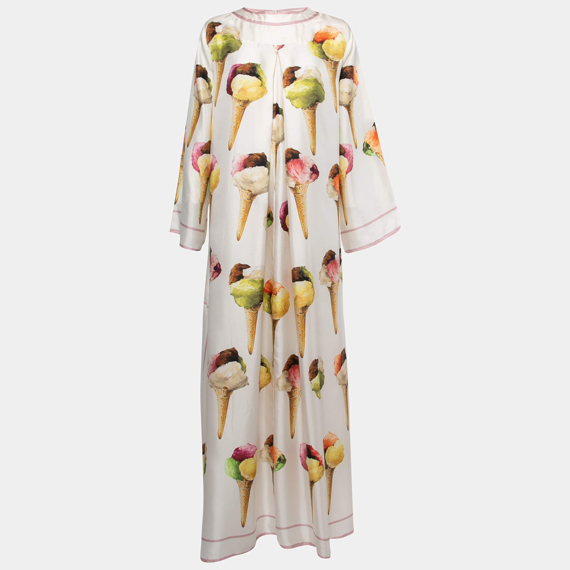 Pre Owned Dolce & Gabbana White Ice Cream Print Silk Kaftan Maxi Dress S