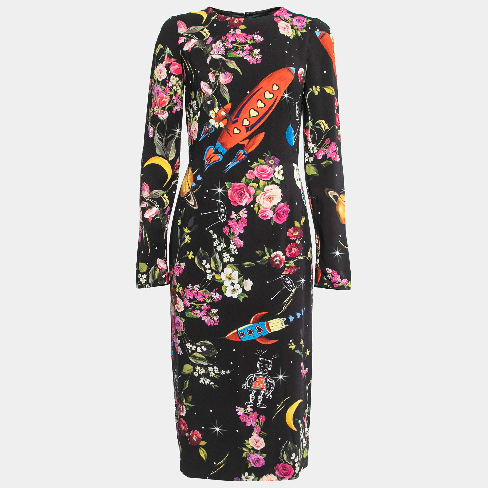 Pre Owned Dolce & Gabbana Black Space Print Crepe Long Sleeve Midi Dress M