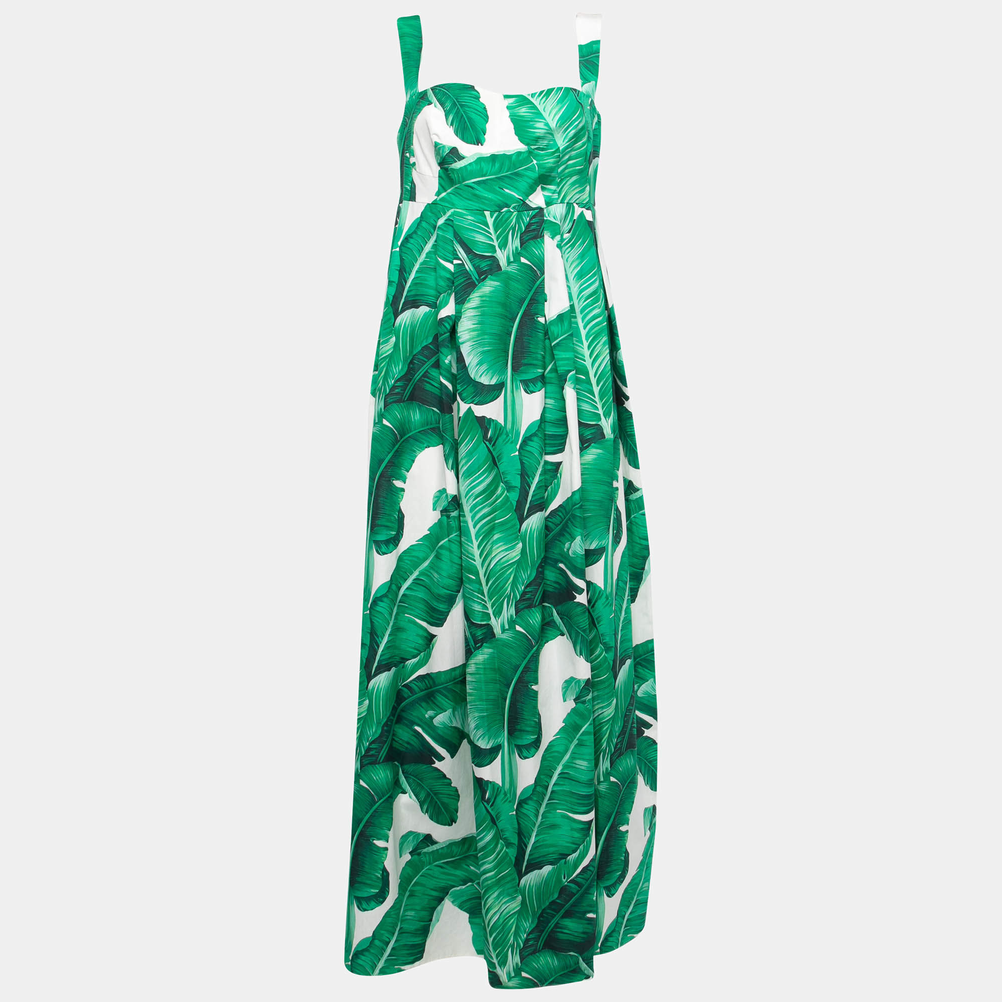 Pre Owned Dolce & Gabbana Green Banana Leaf Print Cotton Maxi Dress L