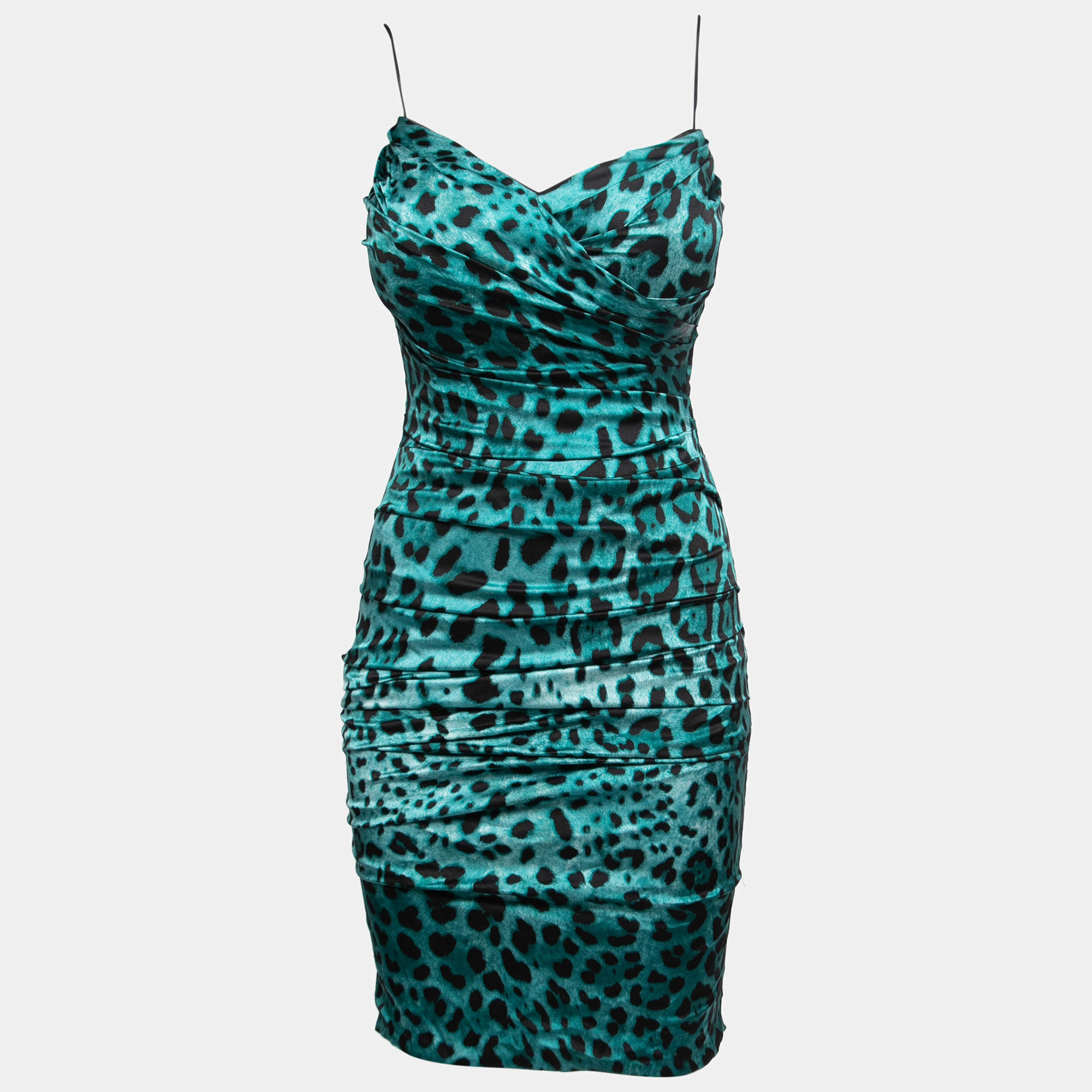 Pre Owned Dolce & Gabbana Green Animal Print Silk Satin Ruched Corset Detail Strappy Mini Dress S