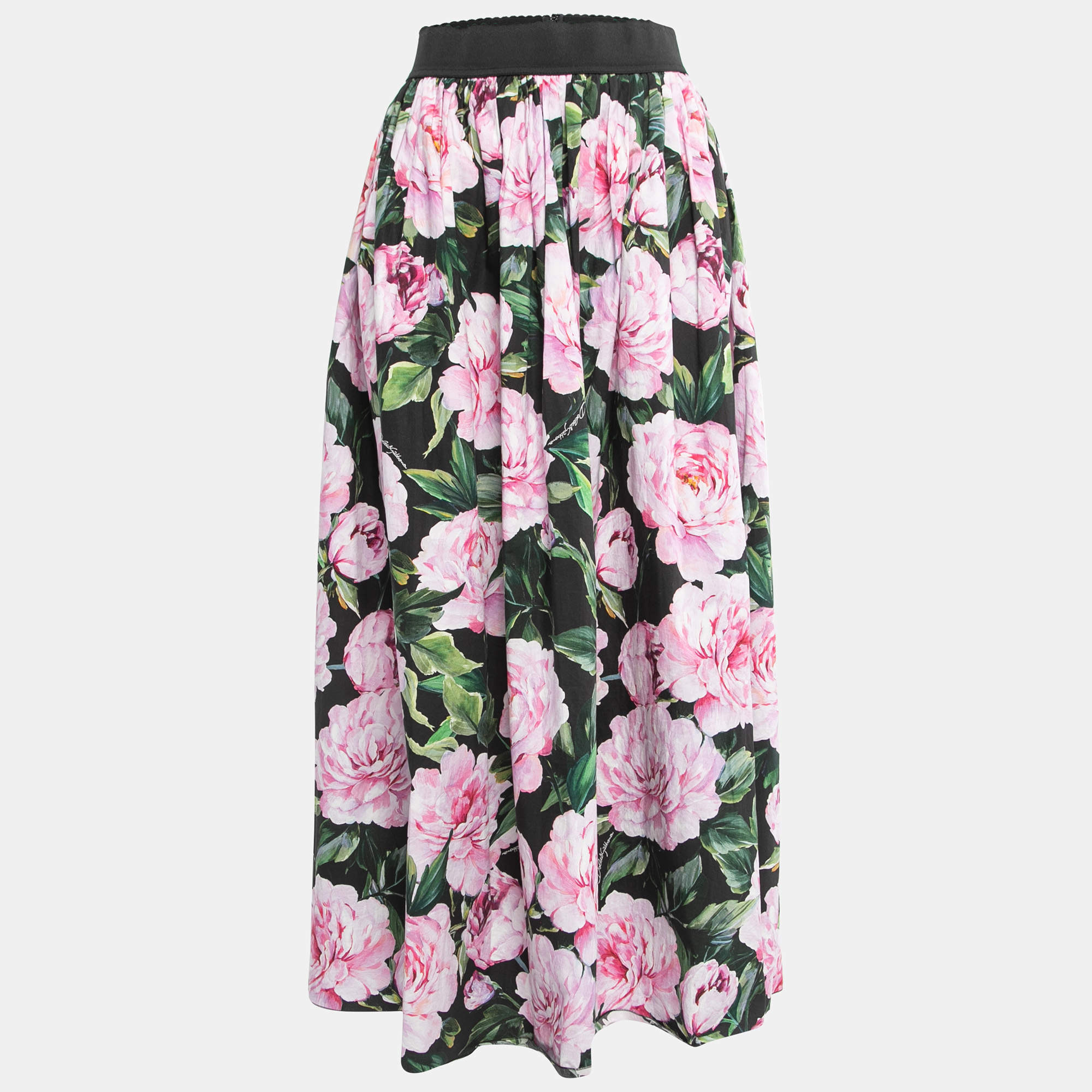 Dolce & Gabbana Black/Pink Floral Print Cotton Maxi Skirt L