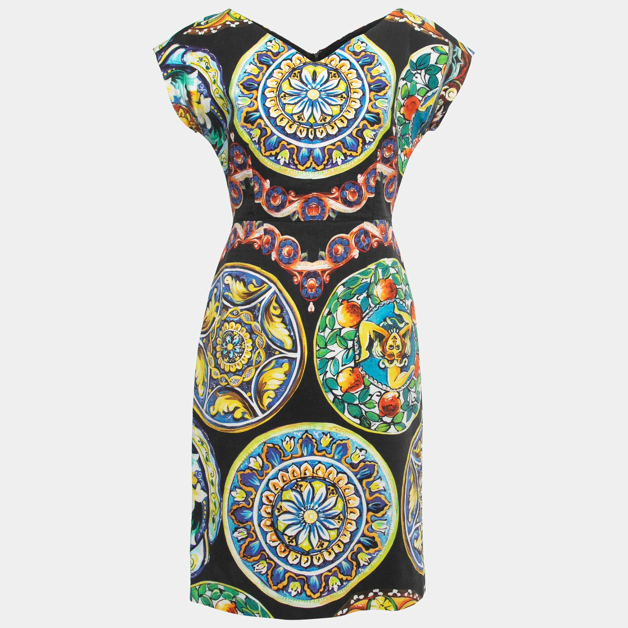 Pre Owned Dolce & Gabbana Black Printed Linen Blend Midi Dress M