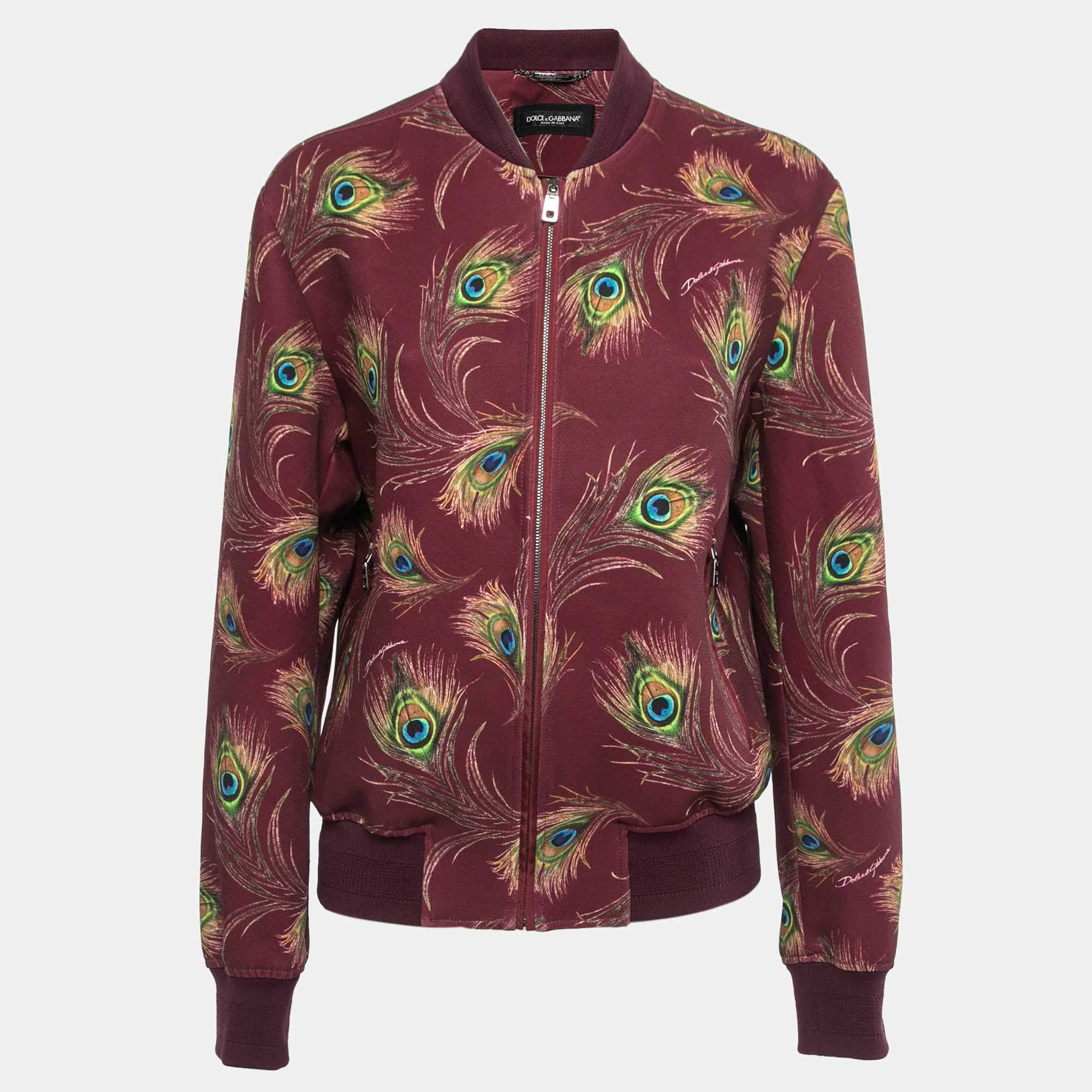 Pre Owned Dolce & Gabbana Burgundy Peacock Feather Print Synthetic Zip Front Bomber Jacket L