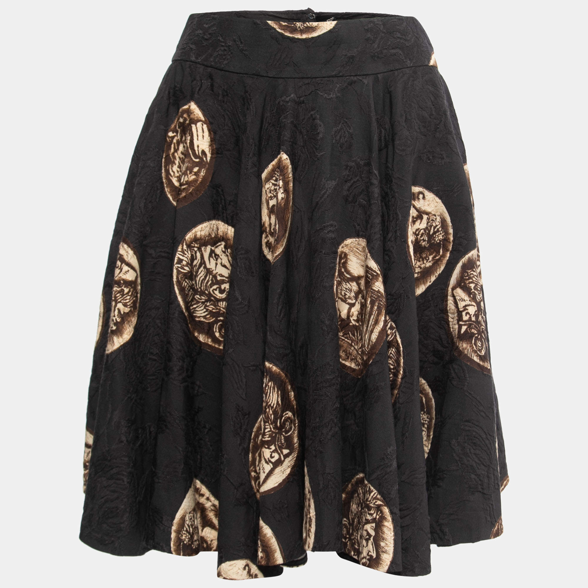 Pre Owned Dolce & Gabbana Black Coin Printed Cotton & Silk Flared Mini Skirt M