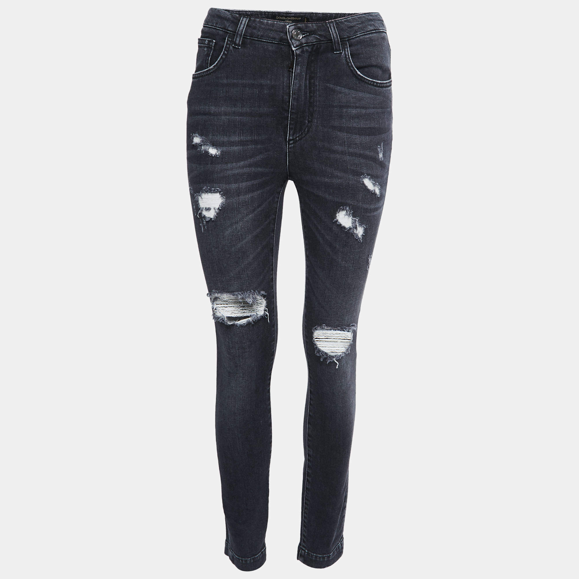 Pre Owned Dolce & Gabbana Charcoal Grey Distressed Denim Frayed Skinny Jeans S