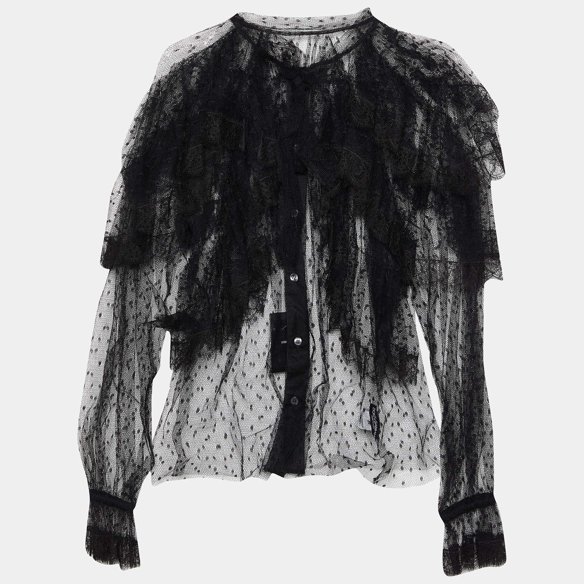 Pre Owned Dolce & Gabbana Black Mesh D'esprit Ruffled Sheer Shirt M