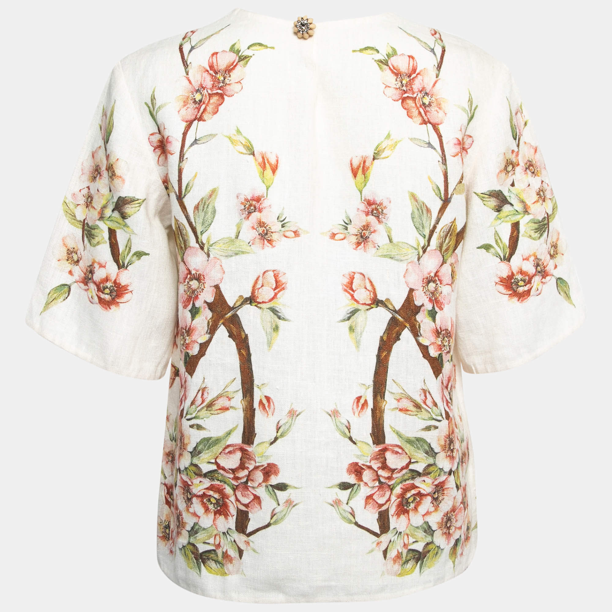Pre Owned Dolce & Gabbana Cream Floral Printed Linen Short Sleeve Top S