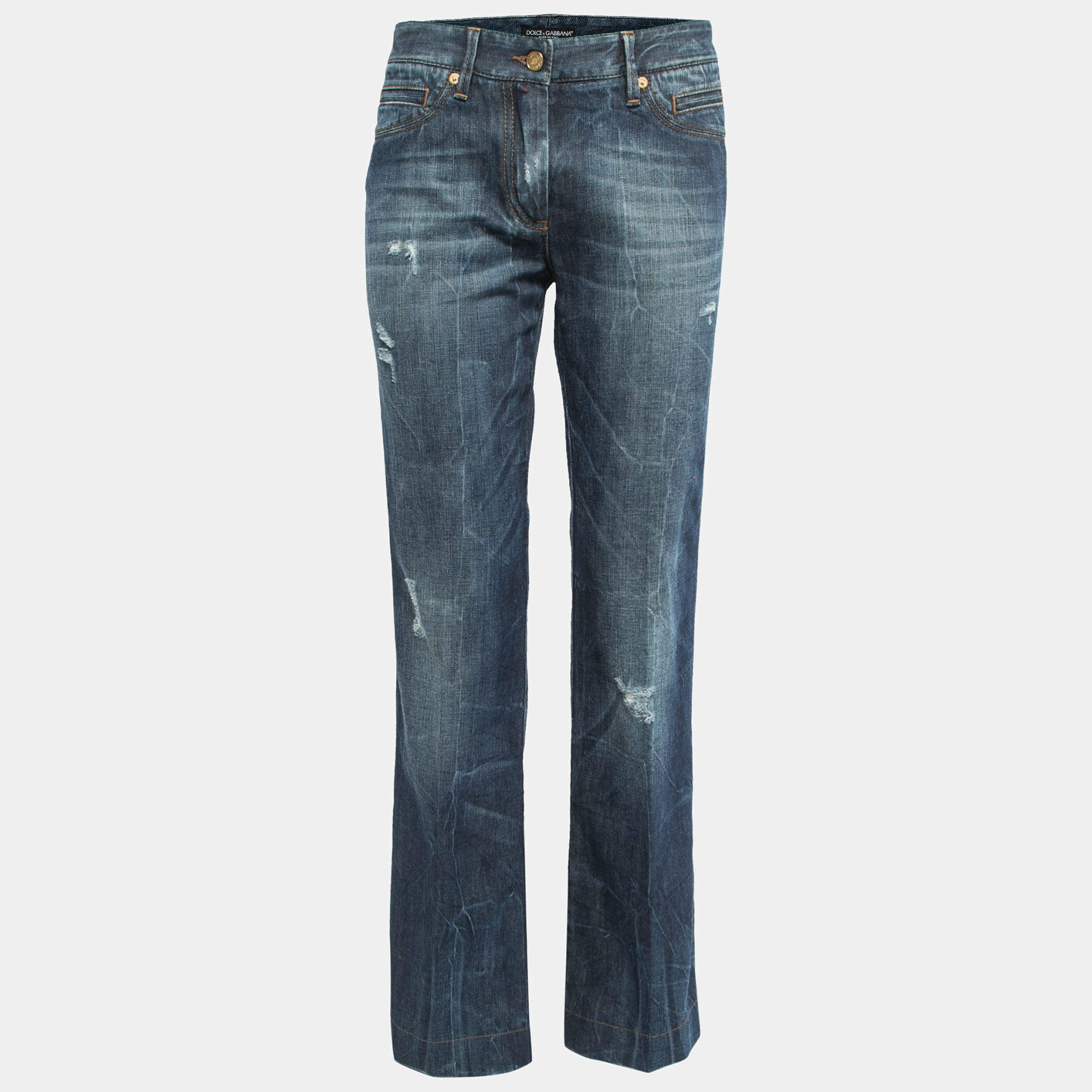 Pre Owned Dolce & Gabbana Blue Washed Distressed Denim Boot Cut Jeans M Waist 30"